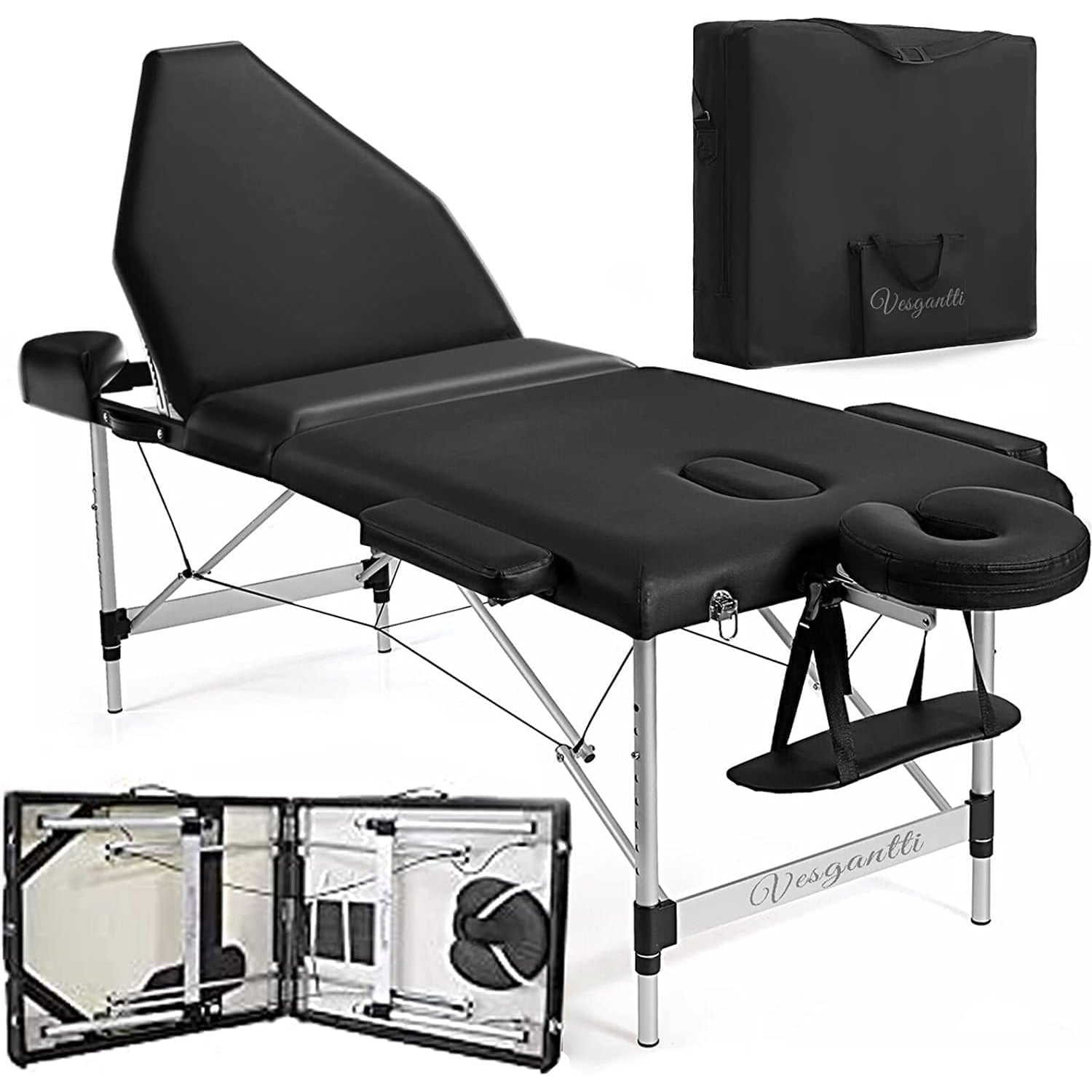 Vesgantti Portable Massage Bed Table - 3-Section Aluminum Foldable Beauty Couch for Reiki Therapy Treatment Salon Healing - Metal Headrest Support/with Carry Bag (Black)