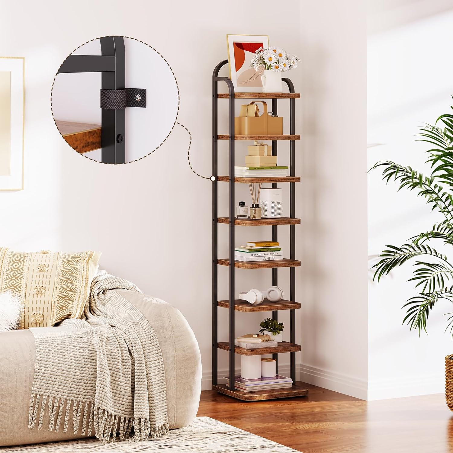 Dripex Adjustable Narrow Shoe Rack Organizer, Space Saving Vertical Tall Shoe Shelf for6/8/ 10 Tier, Sturdy Multifunctional Entryway Hallway Living Room Storage Shelf Rustic Brown