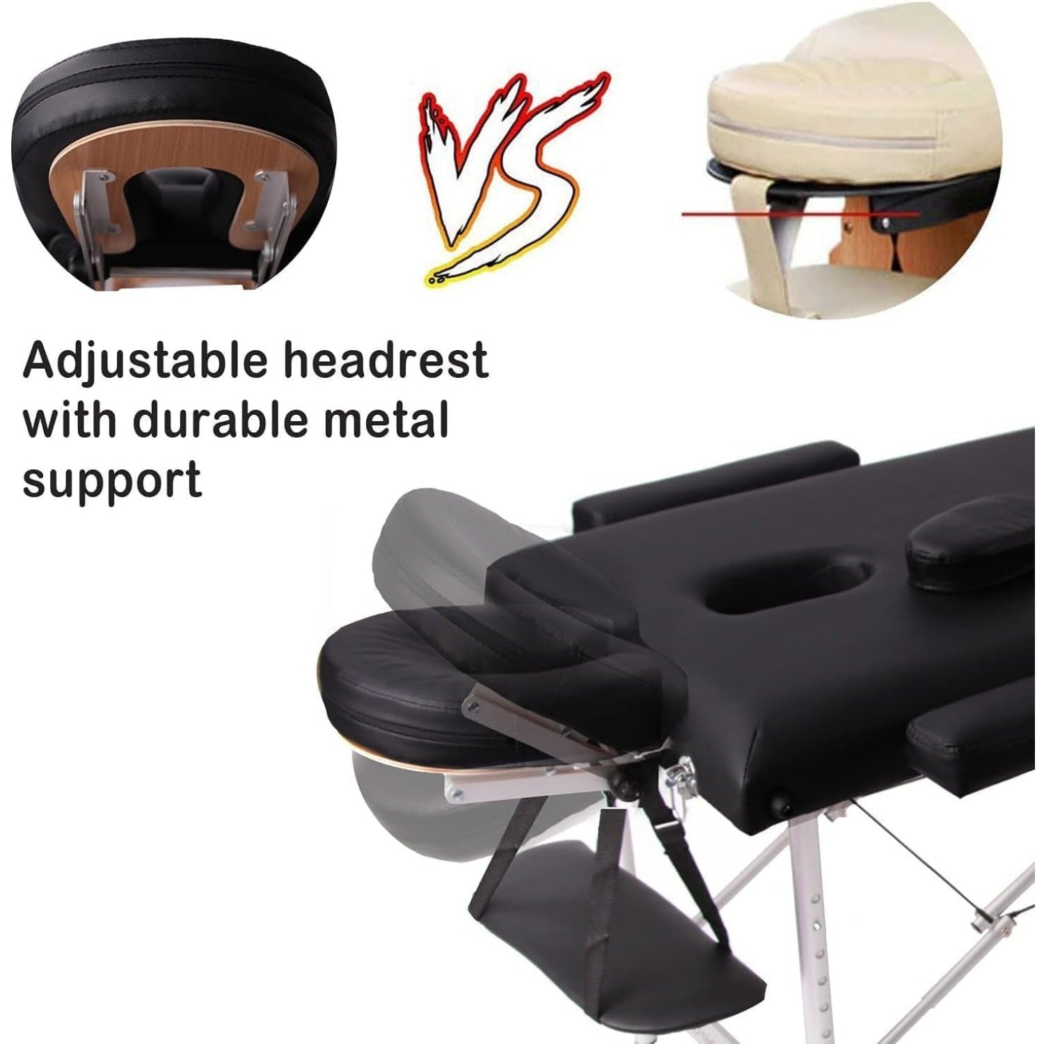 Vesgantti Portable Massage Bed Table - 3-Section Aluminum Foldable Beauty Couch for Reiki Therapy Treatment Salon Healing - Metal Headrest Support/with Carry Bag (Black)