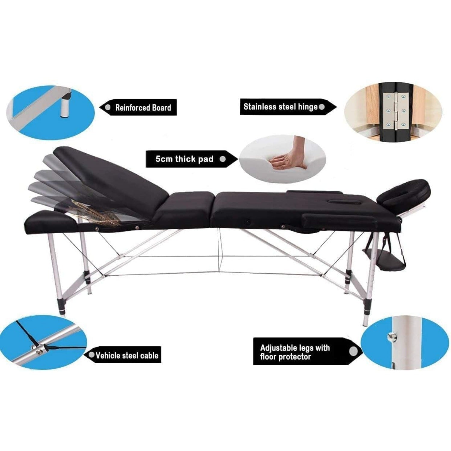 Vesgantti Portable Massage Bed Table - 3-Section Aluminum Foldable Beauty Couch for Reiki Therapy Treatment Salon Healing - Metal Headrest Support/with Carry Bag (Black)