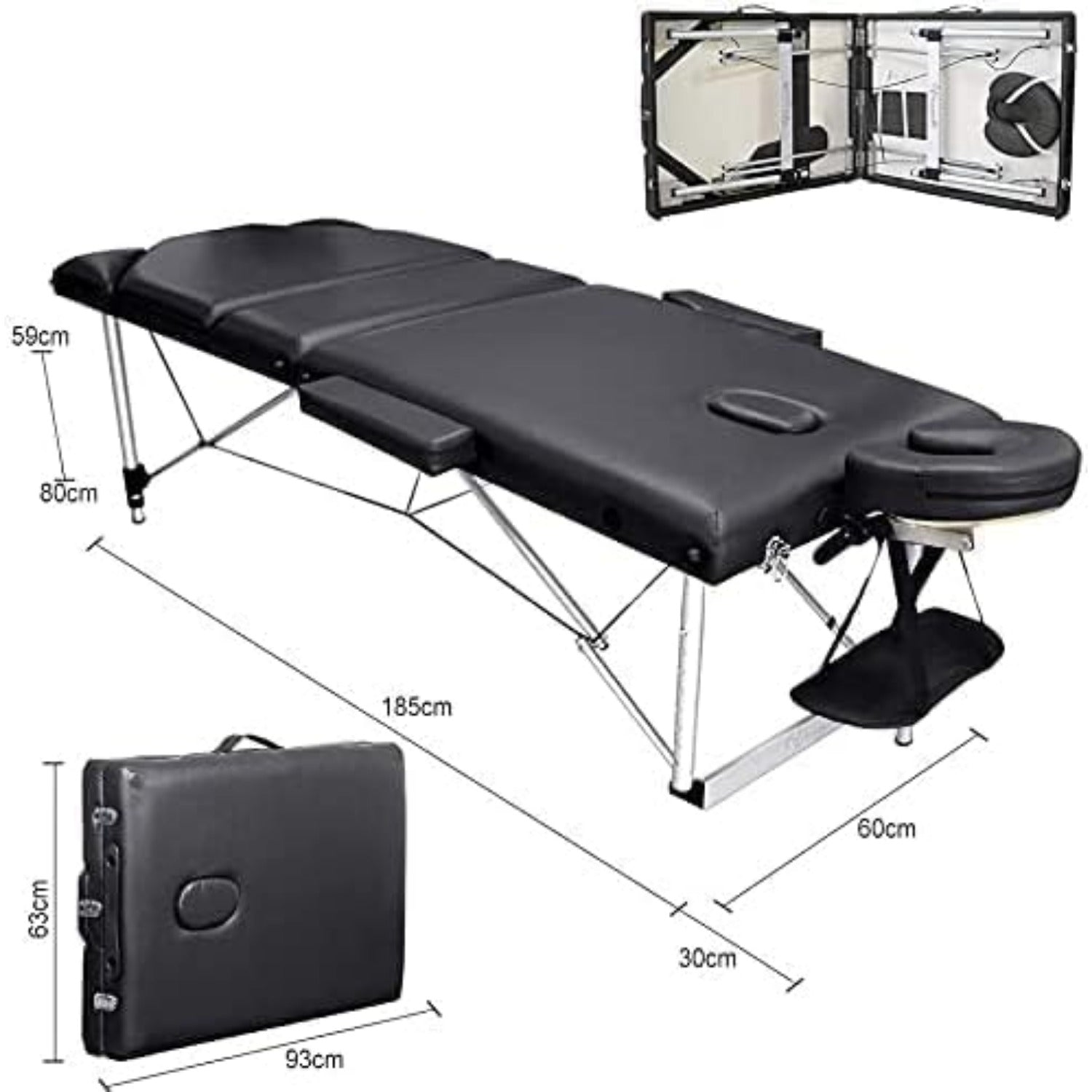 Vesgantti Portable Massage Bed Table - 3-Section Aluminum Foldable Beauty Couch for Reiki Therapy Treatment Salon Healing - Metal Headrest Support/with Carry Bag (Black)
