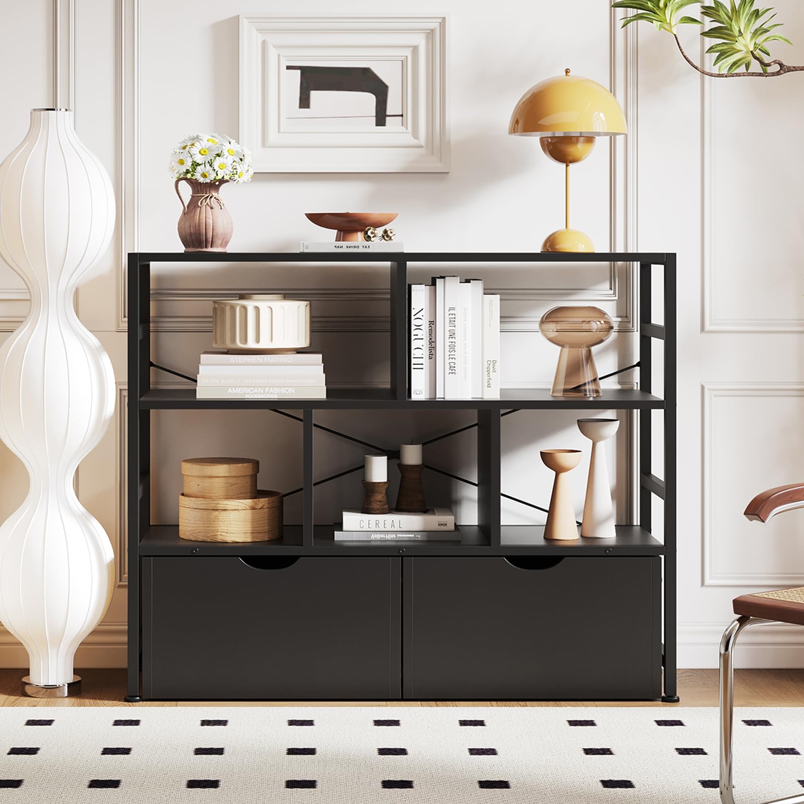 Dripex 4 Tier Bookcase with 2 Movable Drawers,Wooden Floor Standing Book Shelf with Steel Frame, Black Storage Display Shelf for Living Room, Bedroom or Office