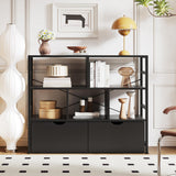 Dripex 4 Tier Bookcase with 2 Movable Drawers,Wooden Floor Standing Book Shelf with Steel Frame, Black Storage Display Shelf for Living Room, Bedroom or Office