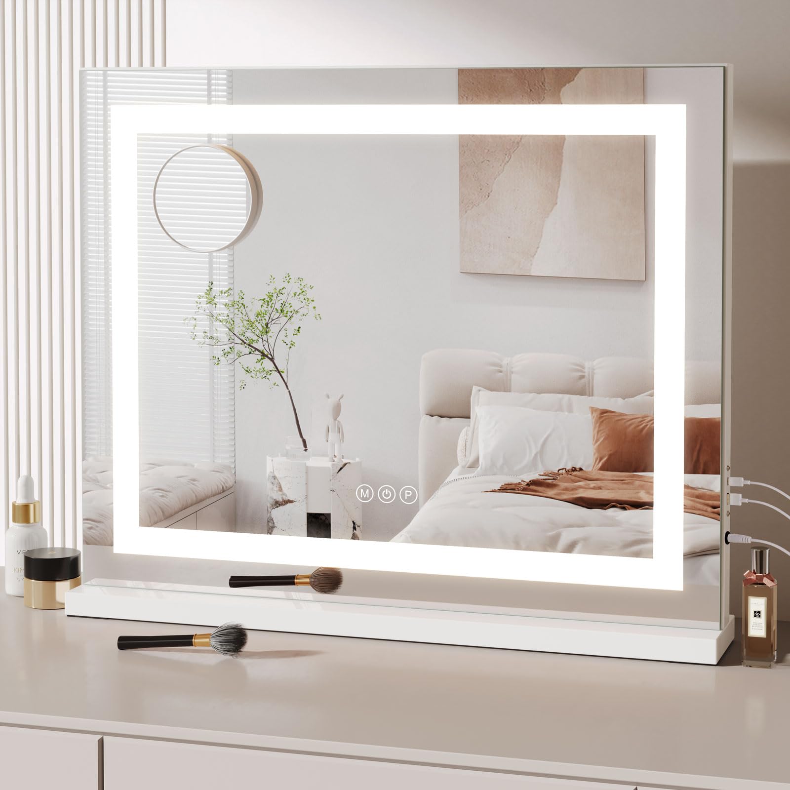 Dripex Hollywood Vanity Mirror with Light, 58 x 48 cm LED Makeup Mirror Light Up Vanity Mirror with 3 Colors Dimmable Strip Light, USB and Type-C Port, Tabletop or Wall-Mounted,
