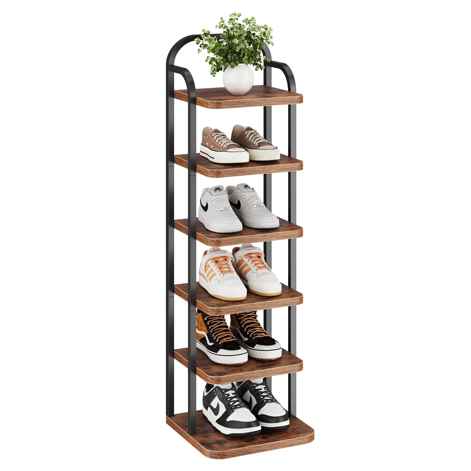 Dripex Adjustable Narrow Shoe Rack Organizer, Space Saving Vertical Tall Shoe Shelf for6/8/ 10 Tier, Sturdy Multifunctional Entryway Hallway Living Room Storage Shelf Rustic Brown