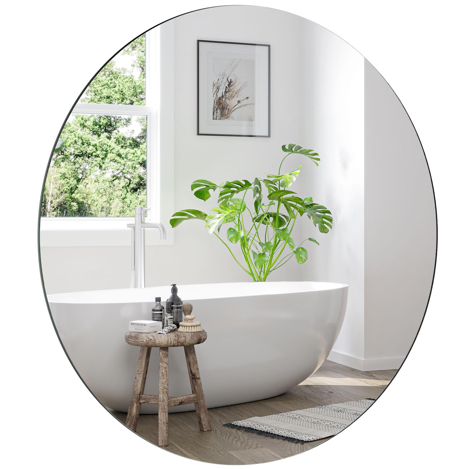 Dripex 50x50cm/ 60x60cm Frameless Round Mirror, Wall Mounted Bathroom Mirror with Polished Edge & Pre-installed Hole, Home Deco Hanging for Hallway Bedroom Living Room