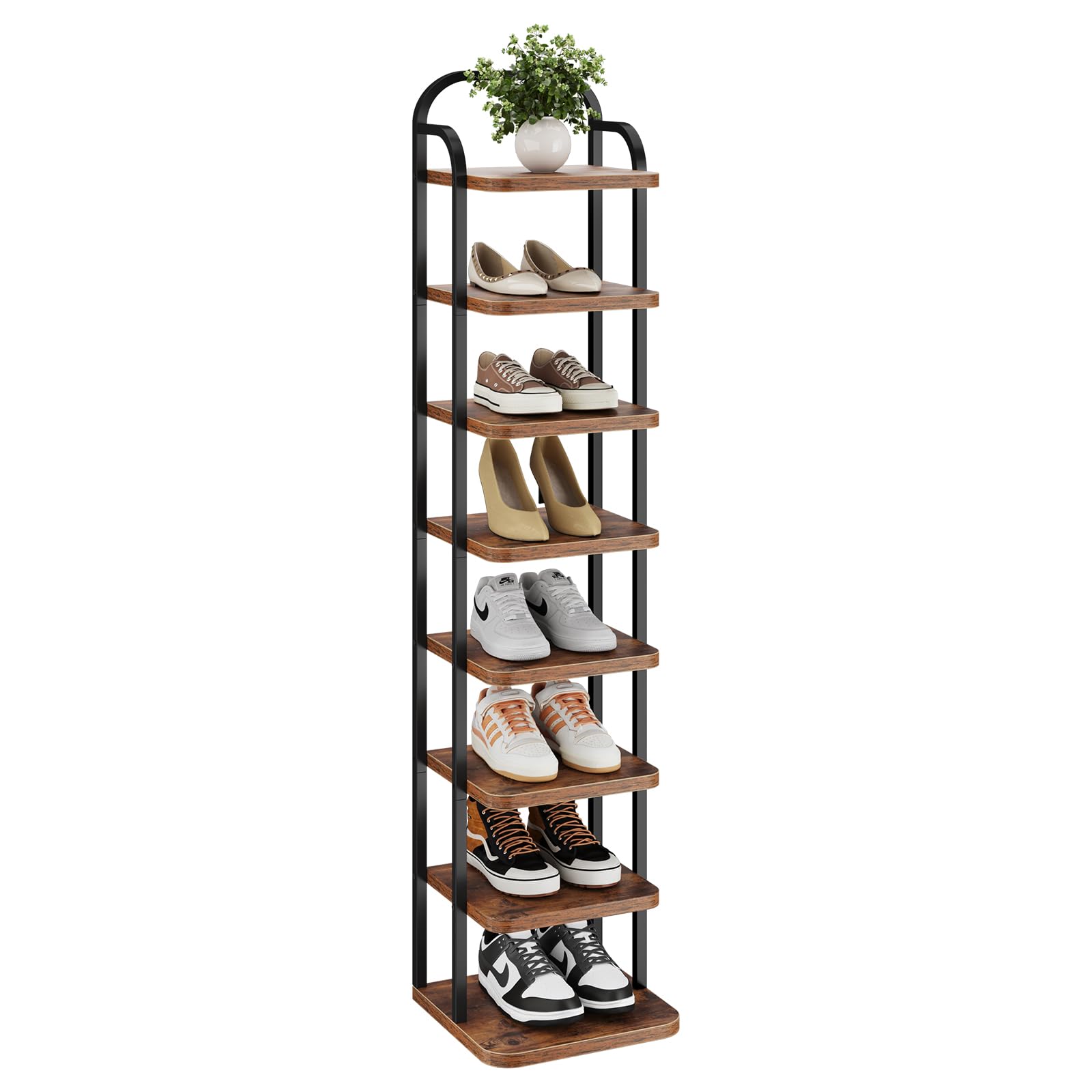 Dripex Adjustable Narrow Shoe Rack Organizer, Space Saving Vertical Tall Shoe Shelf for6/8/ 10 Tier, Sturdy Multifunctional Entryway Hallway Living Room Storage Shelf Rustic Brown