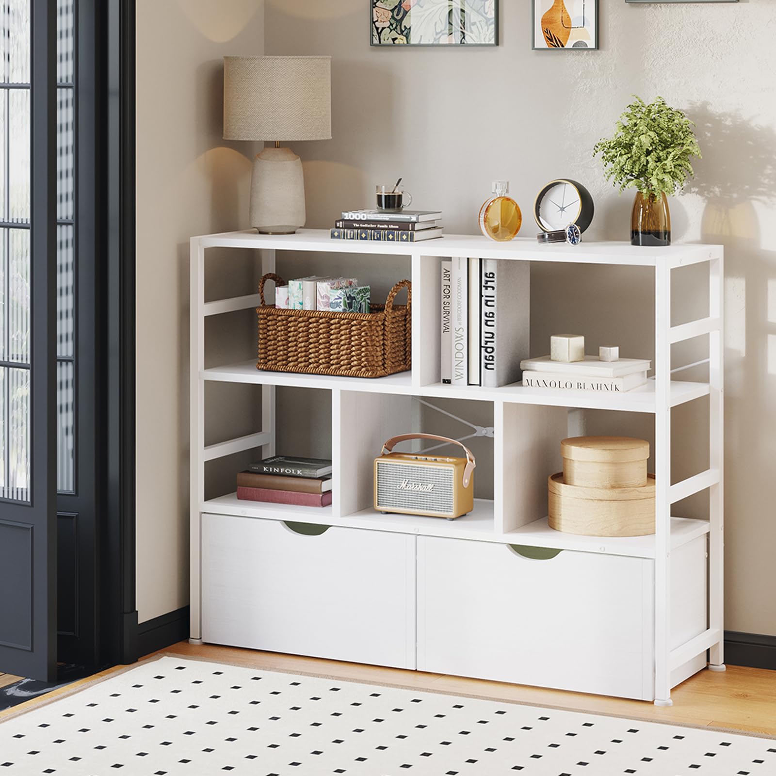 Dripex 4 Tier Bookcase with 2 Movable Drawers,Wooden Floor Standing Book Shelf with Steel Frame, Black Storage Display Shelf for Living Room, Bedroom or Office