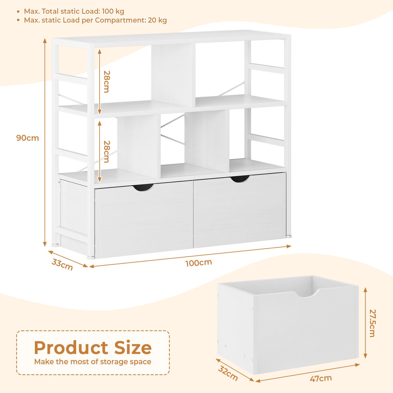 Dripex 4 Tier Bookcase with 2 Movable Drawers,Wooden Floor Standing Book Shelf with Steel Frame, Black Storage Display Shelf for Living Room, Bedroom or Office
