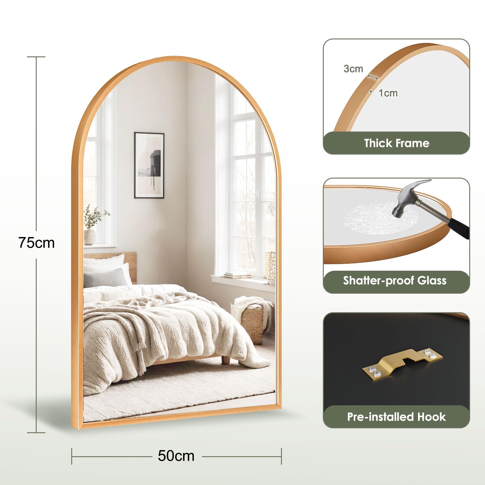 Dripex 50 x 75cm Arched Mirror, Arched Wall Mounted Mirror Home Decorative Bathroom Bedroom Living Room Dressing