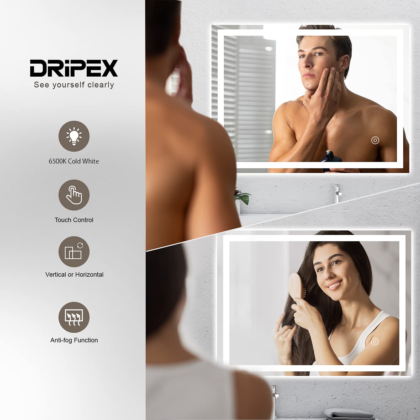 Dripex Bathroom Mirror with LED Lights-White Light+anti-fog