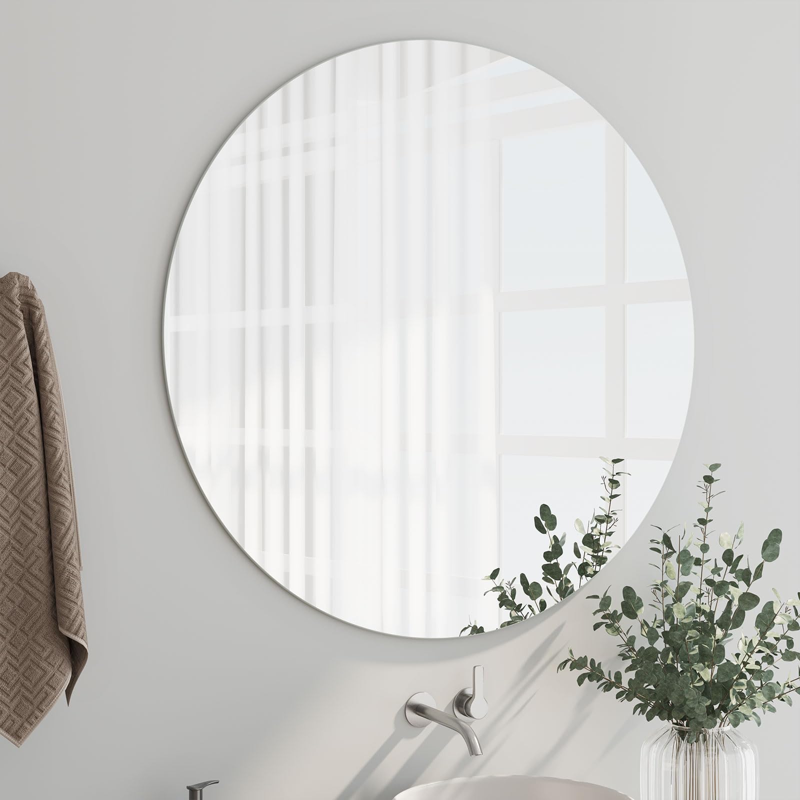 Dripex 50x50cm/ 60x60cm Frameless Round Mirror, Wall Mounted Bathroom Mirror with Polished Edge & Pre-installed Hole, Home Deco Hanging for Hallway Bedroom Living Room