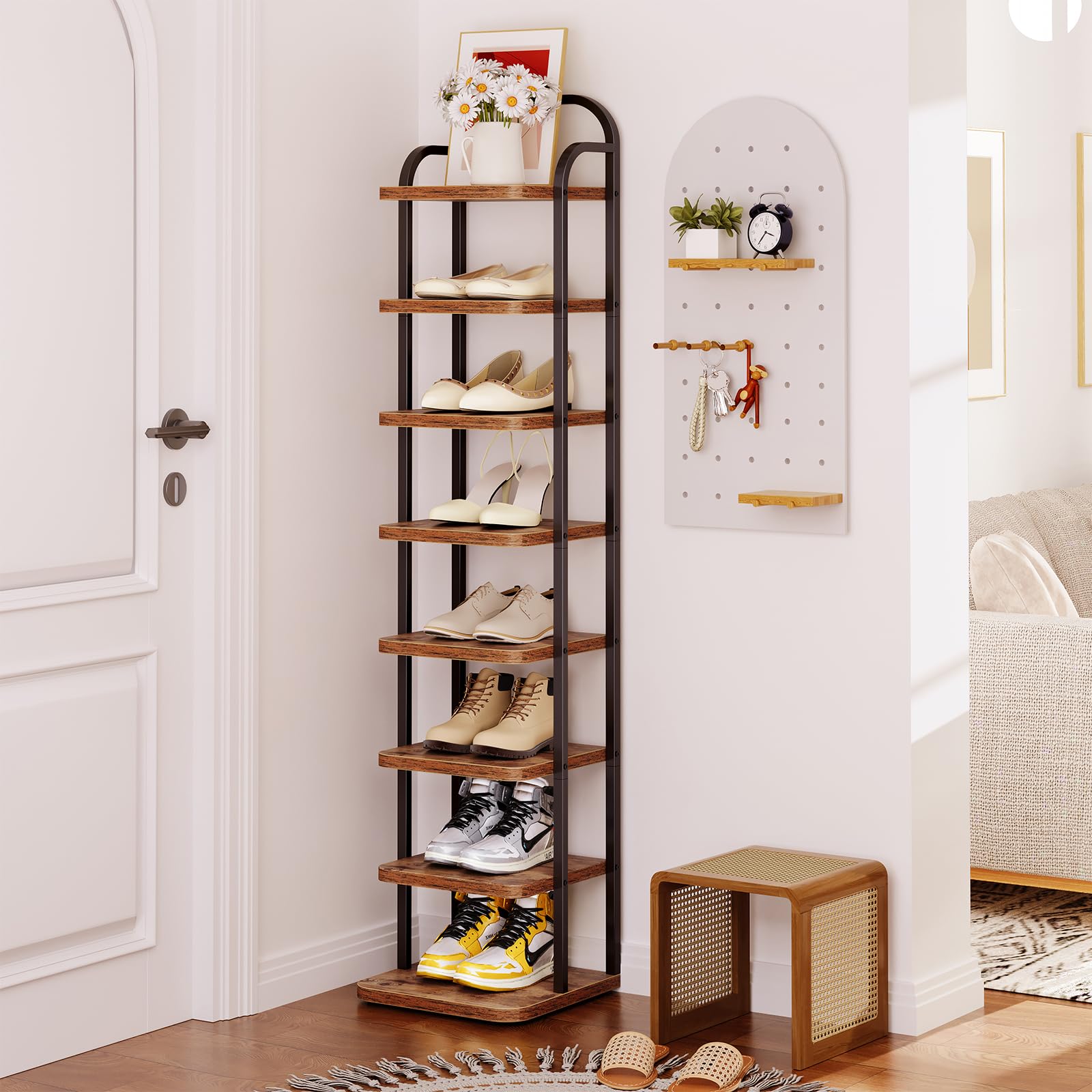 Dripex Adjustable Narrow Shoe Rack Organizer, Space Saving Vertical Tall Shoe Shelf for6/8/ 10 Tier, Sturdy Multifunctional Entryway Hallway Living Room Storage Shelf Rustic Brown