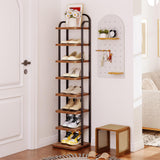 Dripex Adjustable Narrow Shoe Rack Organizer, Space Saving Vertical Tall Shoe Shelf for6/8/ 10 Tier, Sturdy Multifunctional Entryway Hallway Living Room Storage Shelf Rustic Brown