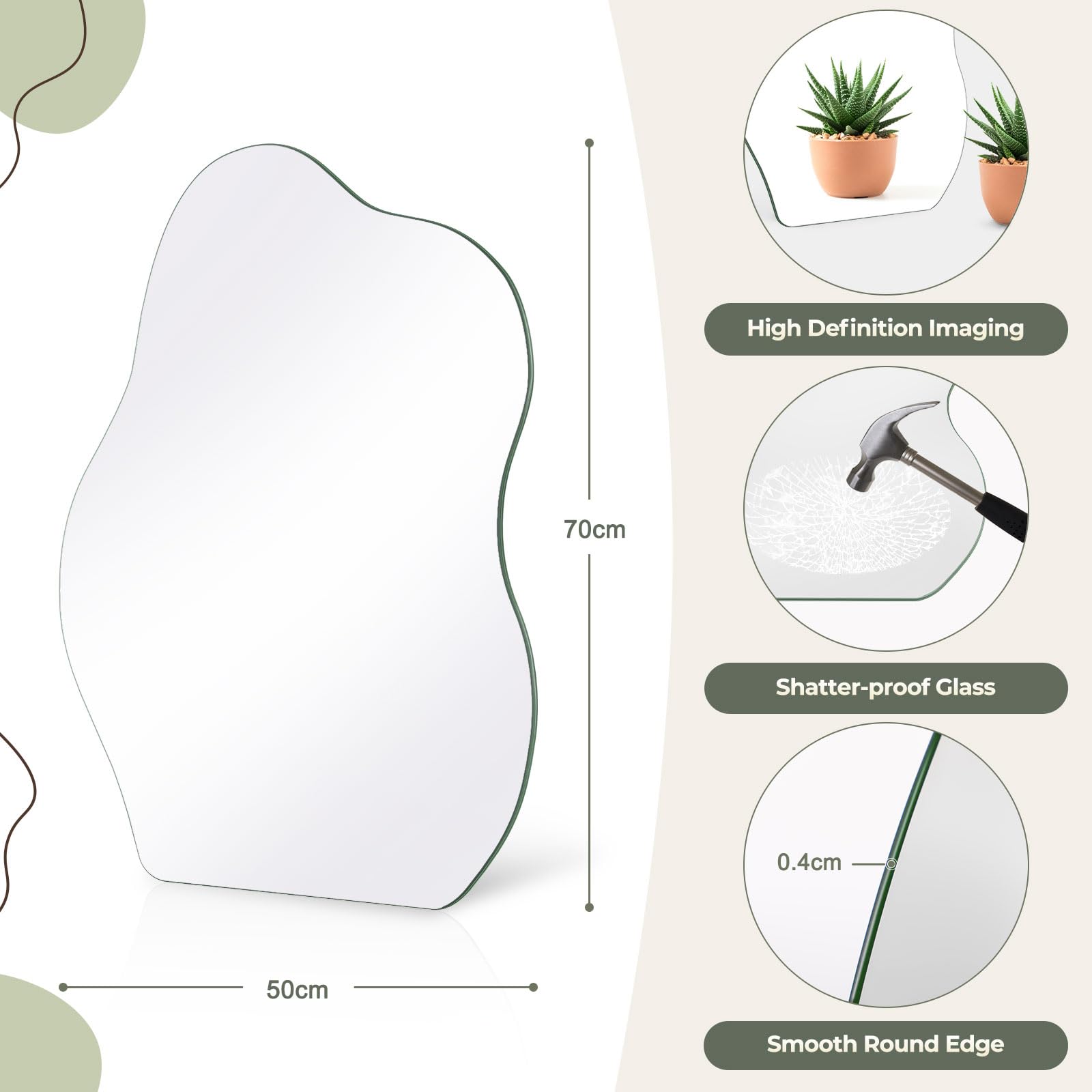 Dripex 70 x 50cm Frameless Hanging Mirror, Irregular Mirror Wall Mounted, Asymmetrical Home Decor for Bathroom Entryway Bedroom Living Room