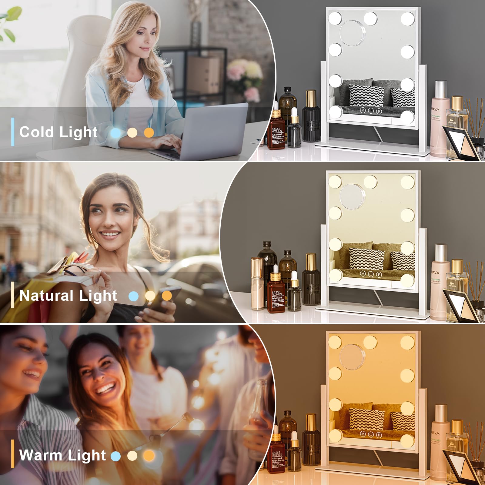 Dripex Hollywood LED Vanity Mirror, 36.5 x 47 cm Lighted Makeup Mirror with 12 Dimmable Bulbs, 360°Rotation, 3 Color Lighting Modes, Touch Screen Control, Light up Dressing Table Mirror for Bedroom