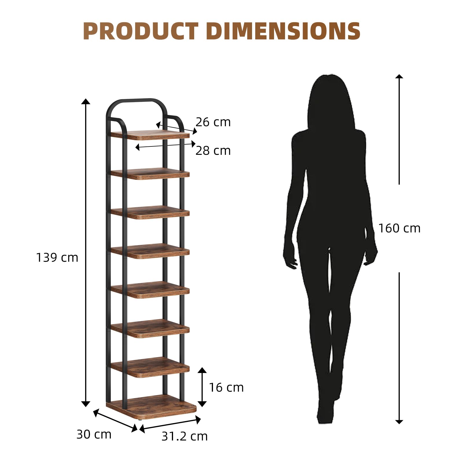 Dripex Adjustable Narrow Shoe Rack Organizer, Space Saving Vertical Tall Shoe Shelf for6/8/ 10 Tier, Sturdy Multifunctional Entryway Hallway Living Room Storage Shelf Rustic Brown