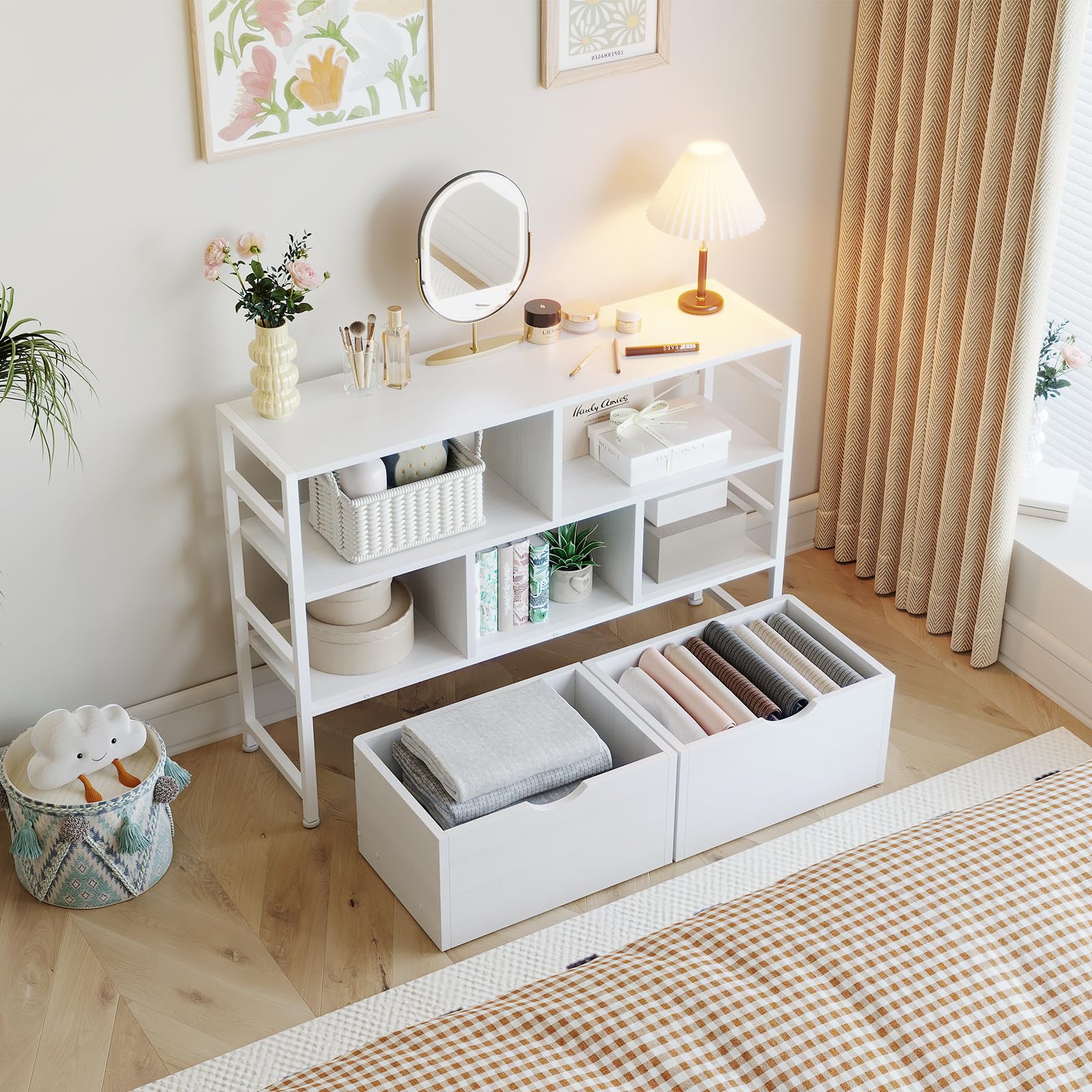 Dripex 4 Tier Bookcase with 2 Movable Drawers,Wooden Floor Standing Book Shelf with Steel Frame, Black Storage Display Shelf for Living Room, Bedroom or Office