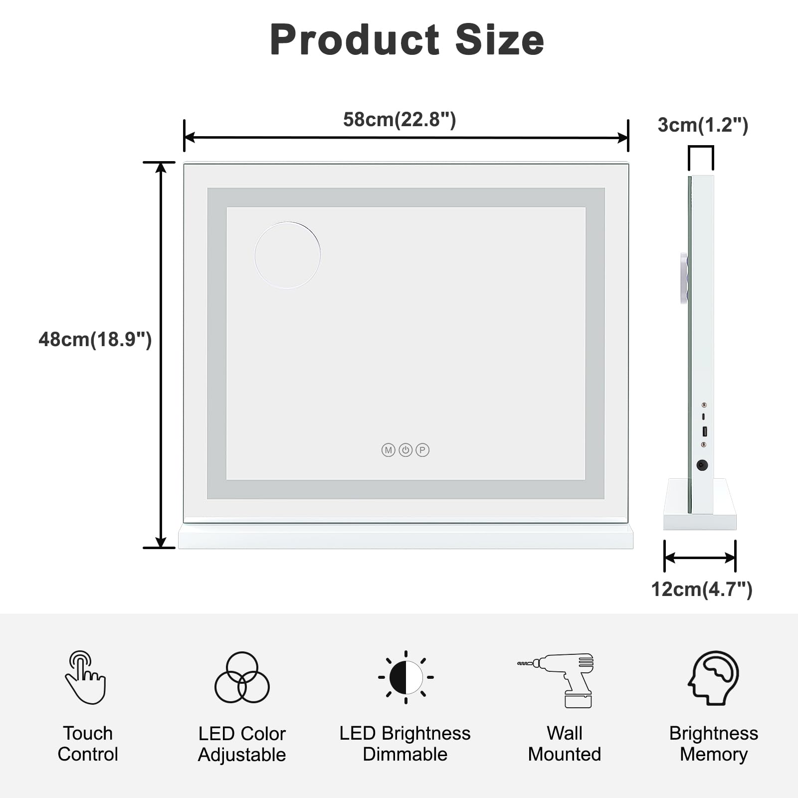 Dripex Hollywood Vanity Mirror with Light, 58 x 48 cm LED Makeup Mirror Light Up Vanity Mirror with 3 Colors Dimmable Strip Light, USB and Type-C Port, Tabletop or Wall-Mounted,