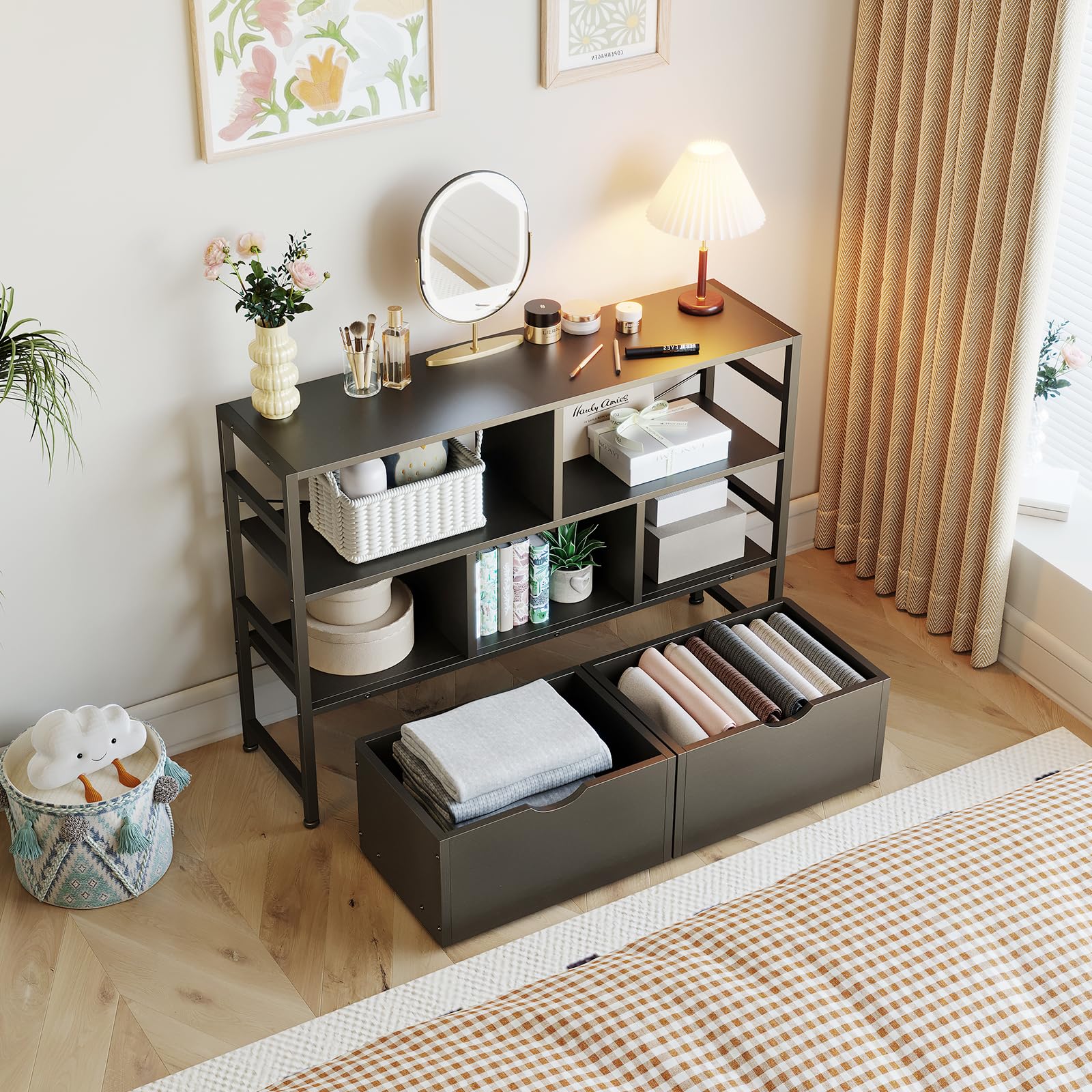 Dripex 4 Tier Bookcase with 2 Movable Drawers,Wooden Floor Standing Book Shelf with Steel Frame, Black Storage Display Shelf for Living Room, Bedroom or Office