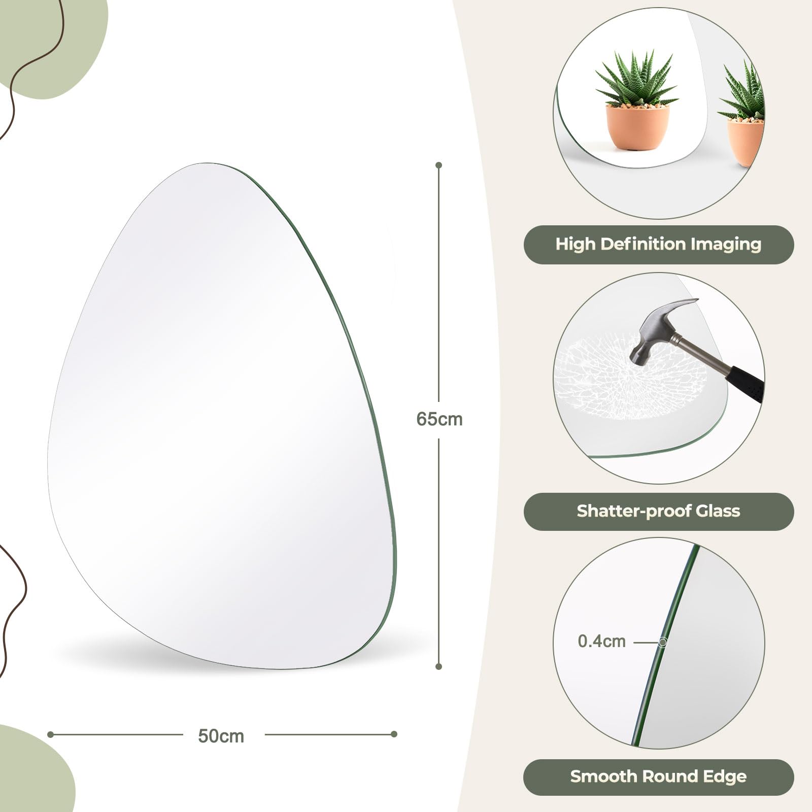 Dripex 65 x 50cm Frameless Hanging Mirror, Irregular Wall Mounted Mirror, Asymmetrical Home Decor for Bathroom Entryway Bedroom Living Room