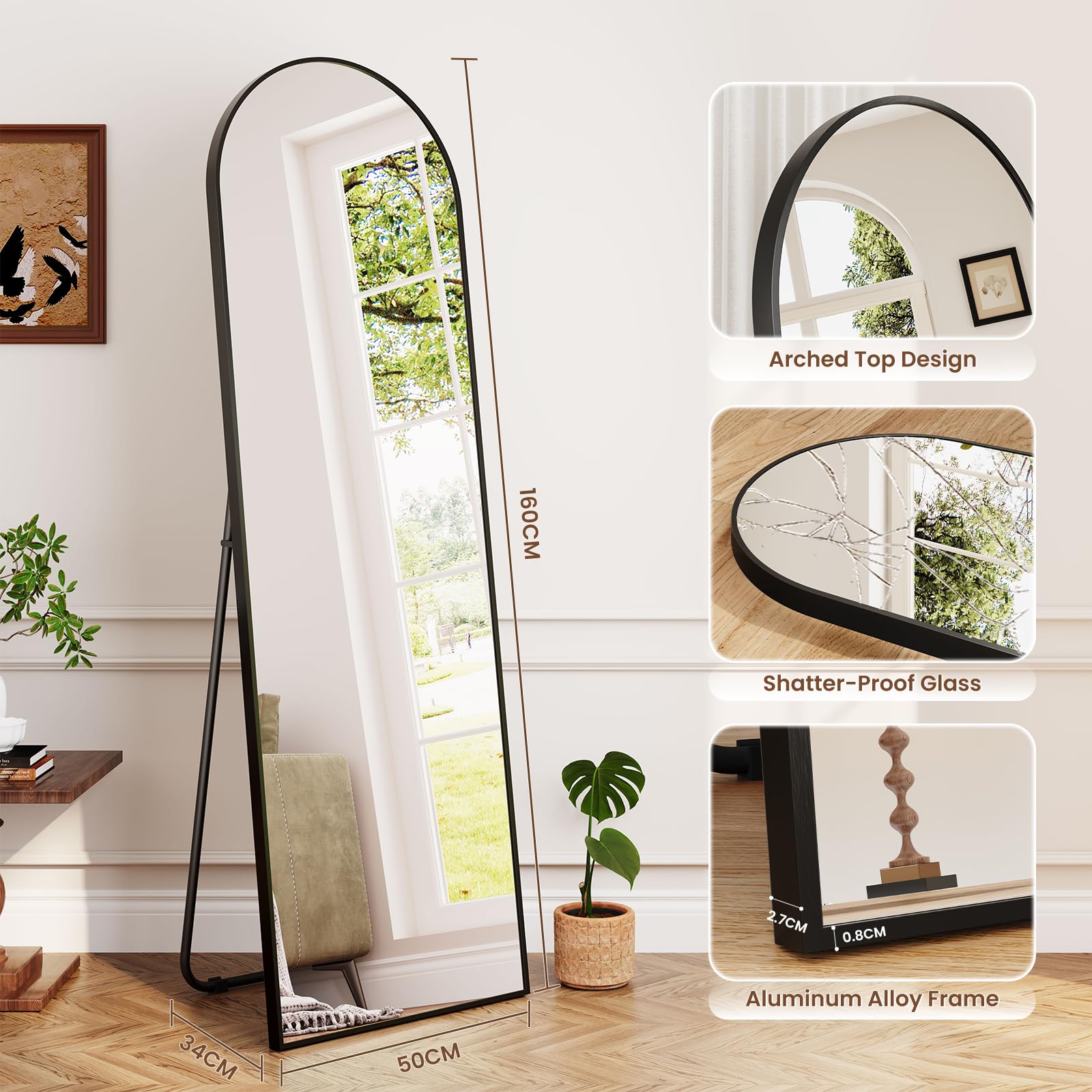 Dripex 160x50cm Full Length Arched Mirror, Large Floor Mirror with Stand, Premium Metal Frame, Leaning, Freestanding, Wall-Mounted for Bedroom, Living Room & Hallway