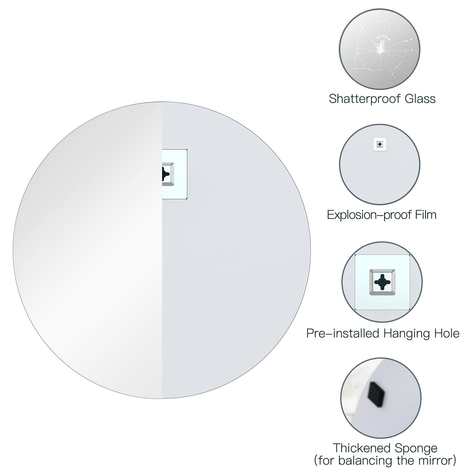 Dripex 50x50cm/ 60x60cm Frameless Round Mirror, Wall Mounted Bathroom Mirror with Polished Edge & Pre-installed Hole, Home Deco Hanging for Hallway Bedroom Living Room