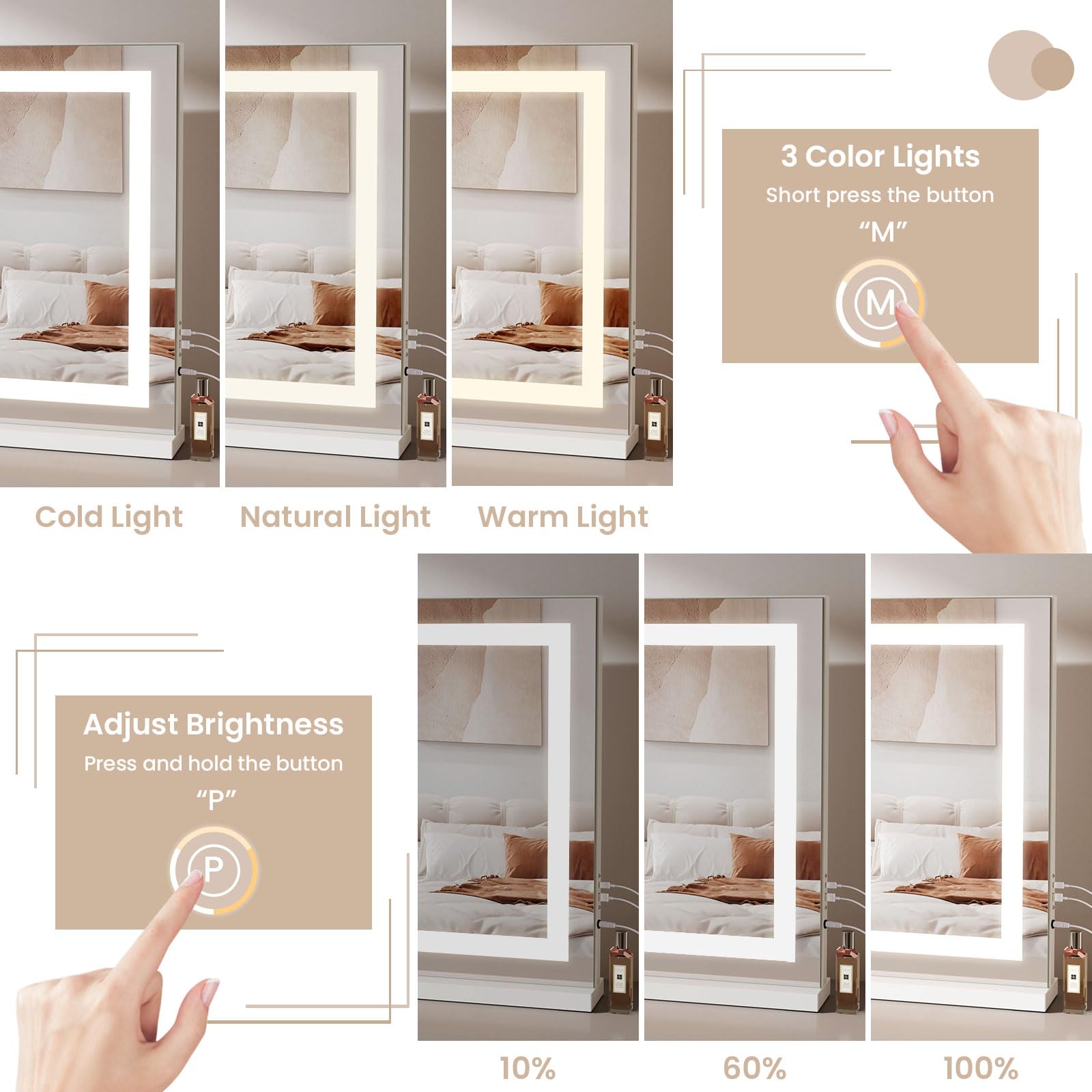 Dripex Hollywood Vanity Mirror with Light, 58 x 48 cm LED Makeup Mirror Light Up Vanity Mirror with 3 Colors Dimmable Strip Light, USB and Type-C Port, Tabletop or Wall-Mounted,