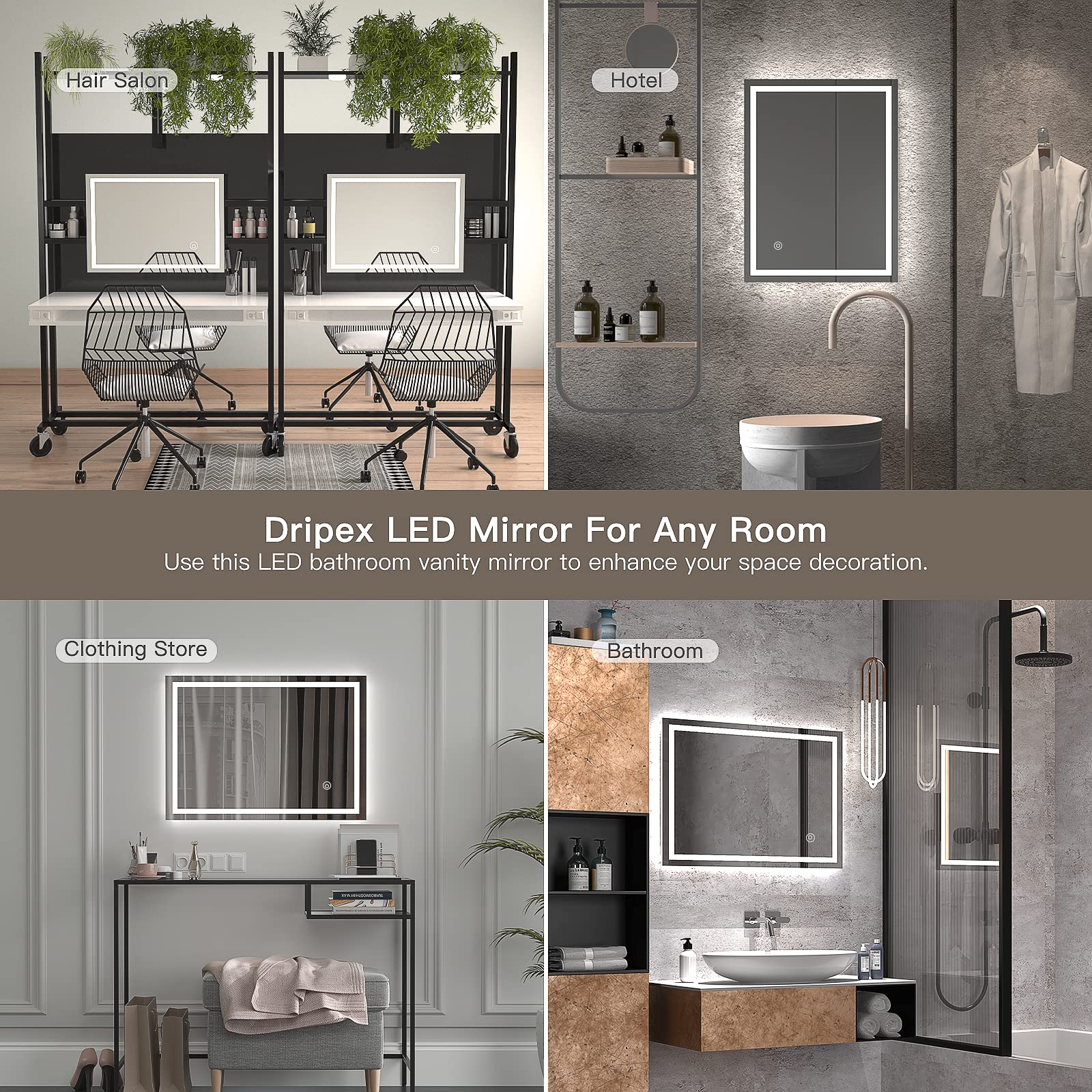 Dripex Bathroom Mirror with LED Lights-White Light+anti-fog