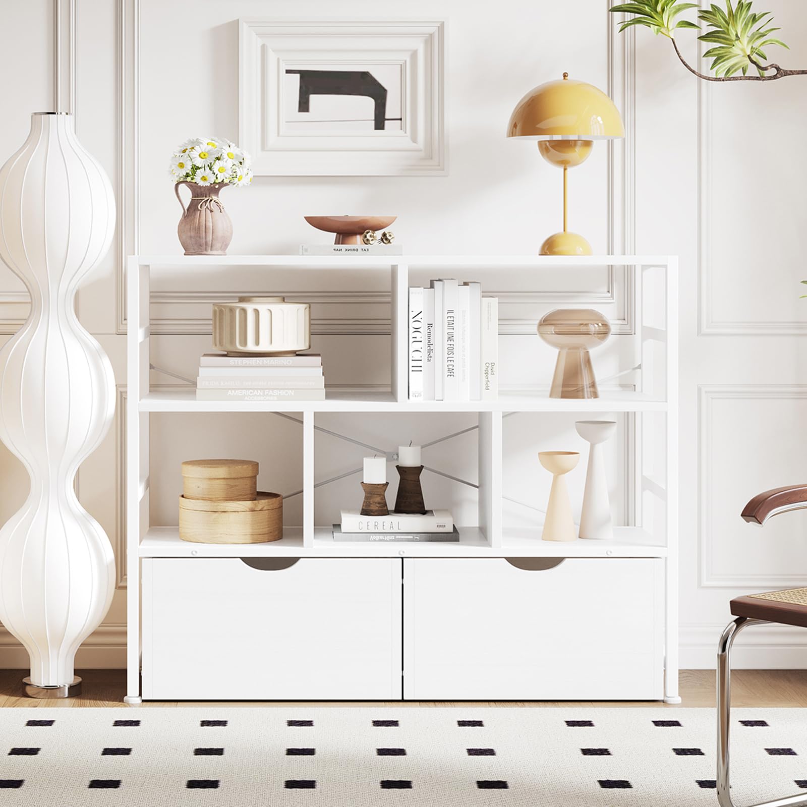 Dripex 4 Tier Bookcase with 2 Movable Drawers,Wooden Floor Standing Book Shelf with Steel Frame, Black Storage Display Shelf for Living Room, Bedroom or Office