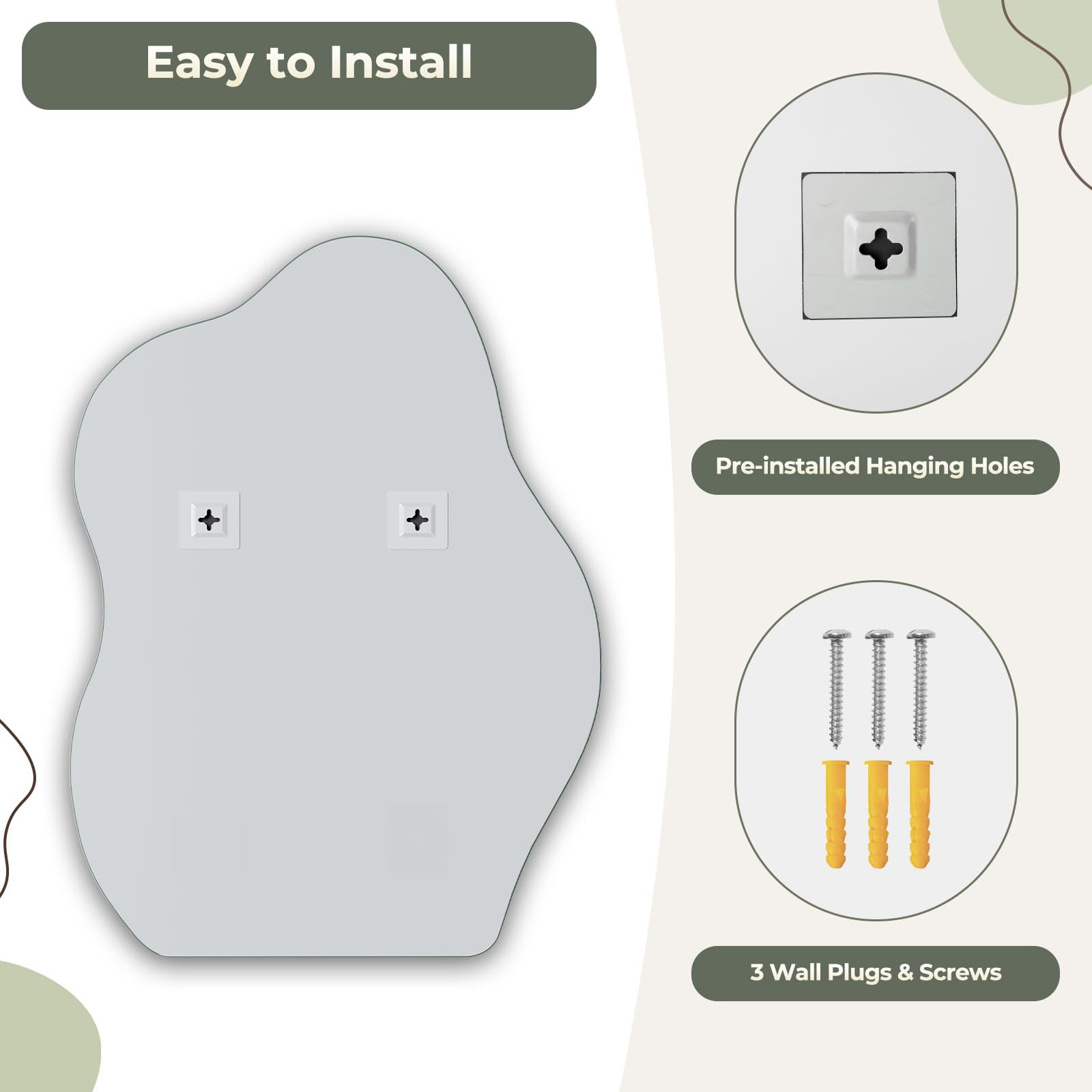 Dripex 70 x 50cm Frameless Hanging Mirror, Irregular Mirror Wall Mounted, Asymmetrical Home Decor for Bathroom Entryway Bedroom Living Room