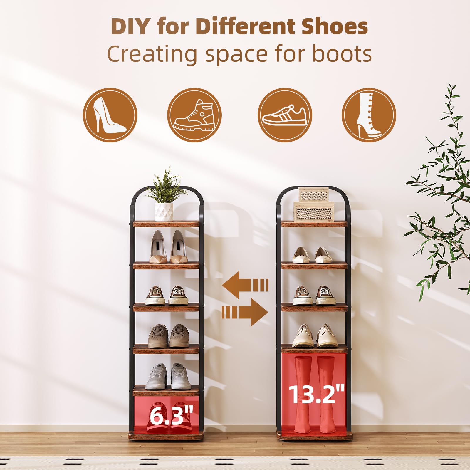 Dripex Adjustable Narrow Shoe Rack Organizer, Space Saving Vertical Tall Shoe Shelf for6/8/ 10 Tier, Sturdy Multifunctional Entryway Hallway Living Room Storage Shelf Rustic Brown