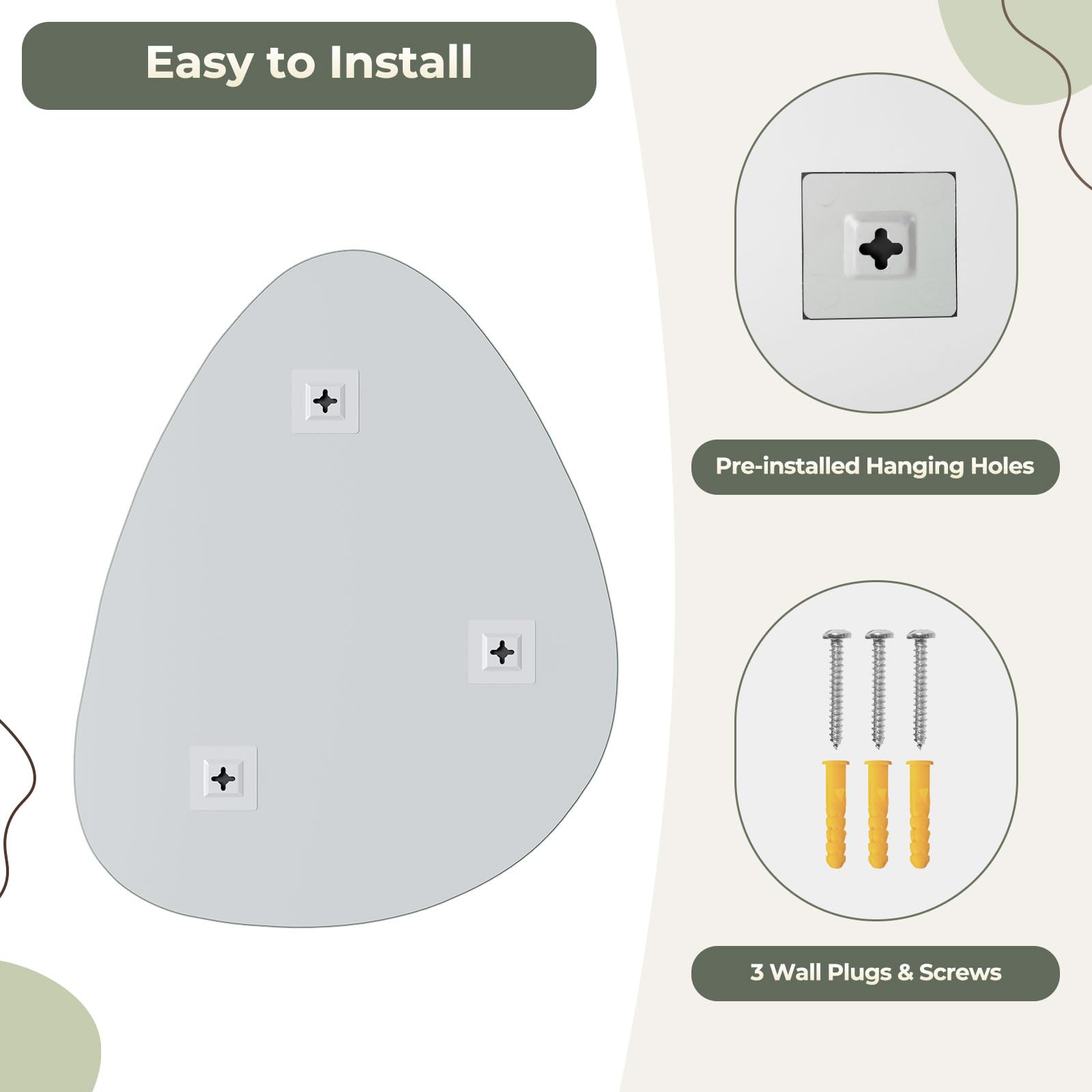 Dripex 65 x 50cm Frameless Hanging Mirror, Irregular Wall Mounted Mirror, Asymmetrical Home Decor for Bathroom Entryway Bedroom Living Room