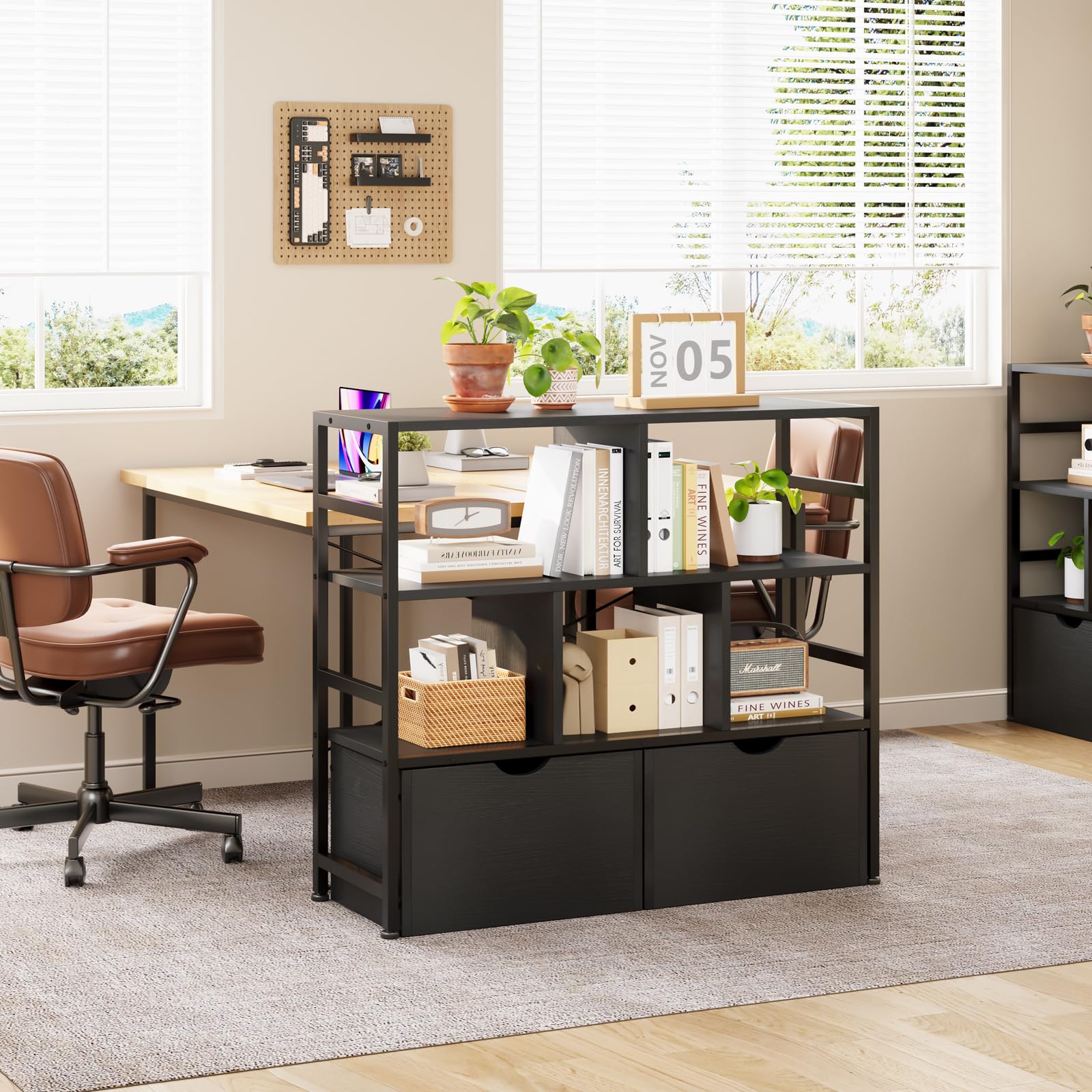 Dripex 4 Tier Bookcase with 2 Movable Drawers,Wooden Floor Standing Book Shelf with Steel Frame, Black Storage Display Shelf for Living Room, Bedroom or Office