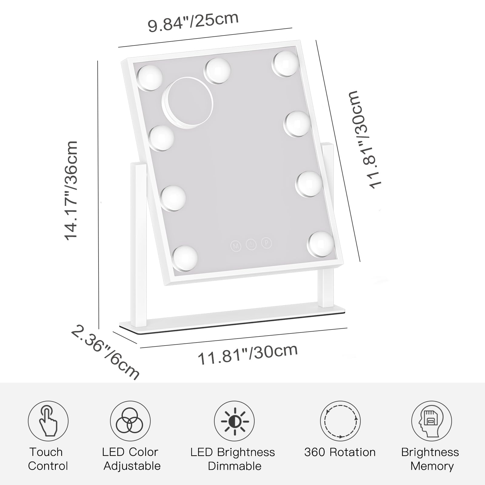 Dripex Hollywood LED Vanity Mirror, 36.5 x 47 cm Lighted Makeup Mirror with 12 Dimmable Bulbs, 360°Rotation, 3 Color Lighting Modes, Touch Screen Control, Light up Dressing Table Mirror for Bedroom