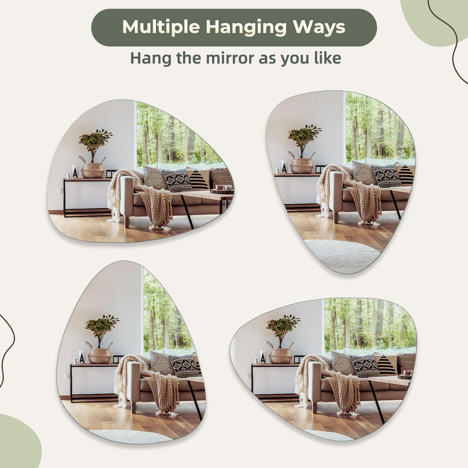 Dripex 65 x 50cm Frameless Hanging Mirror, Irregular Wall Mounted Mirror, Asymmetrical Home Decor for Bathroom Entryway Bedroom Living Room