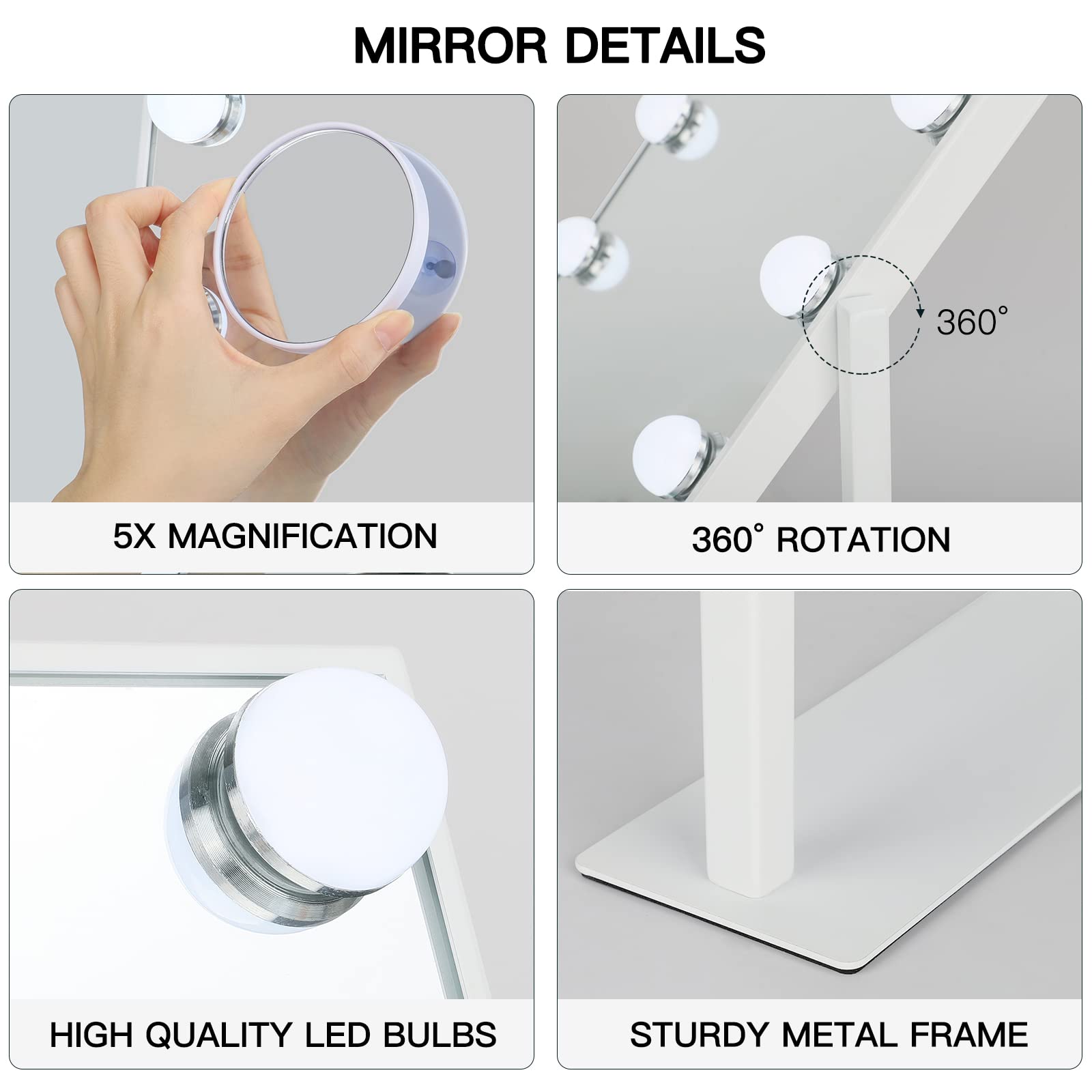 Dripex Hollywood LED Vanity Mirror, 36.5 x 47 cm Lighted Makeup Mirror with 12 Dimmable Bulbs, 360°Rotation, 3 Color Lighting Modes, Touch Screen Control, Light up Dressing Table Mirror for Bedroom