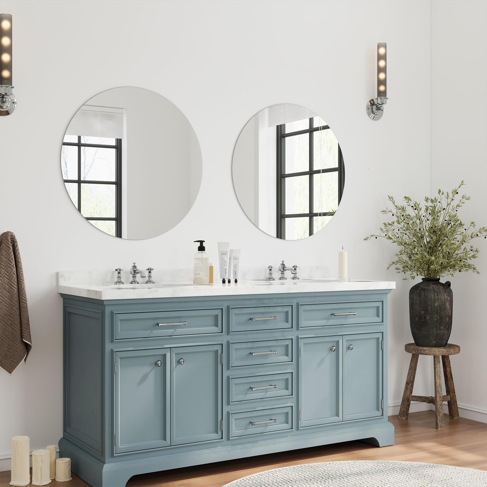 Dripex 50x50cm/ 60x60cm Frameless Round Mirror, Wall Mounted Bathroom Mirror with Polished Edge & Pre-installed Hole, Home Deco Hanging for Hallway Bedroom Living Room