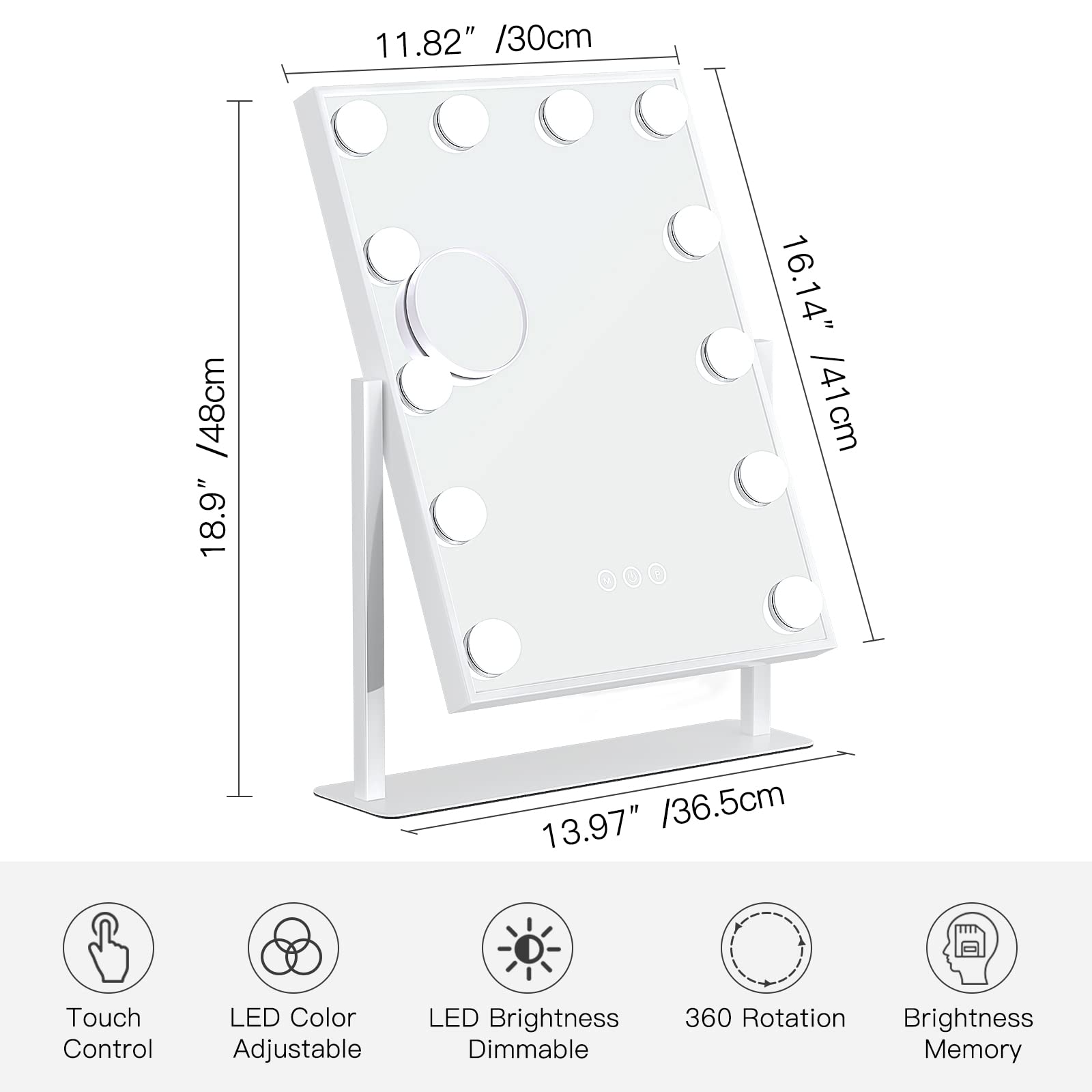 Dripex Hollywood LED Vanity Mirror, 36.5 x 47 cm Lighted Makeup Mirror with 12 Dimmable Bulbs, 360°Rotation, 3 Color Lighting Modes, Touch Screen Control, Light up Dressing Table Mirror for Bedroom