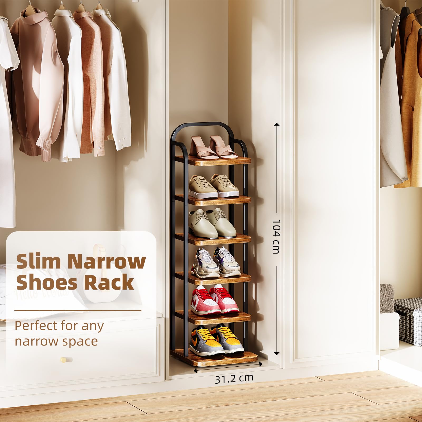 Dripex Adjustable Narrow Shoe Rack Organizer, Space Saving Vertical Tall Shoe Shelf for6/8/ 10 Tier, Sturdy Multifunctional Entryway Hallway Living Room Storage Shelf Rustic Brown