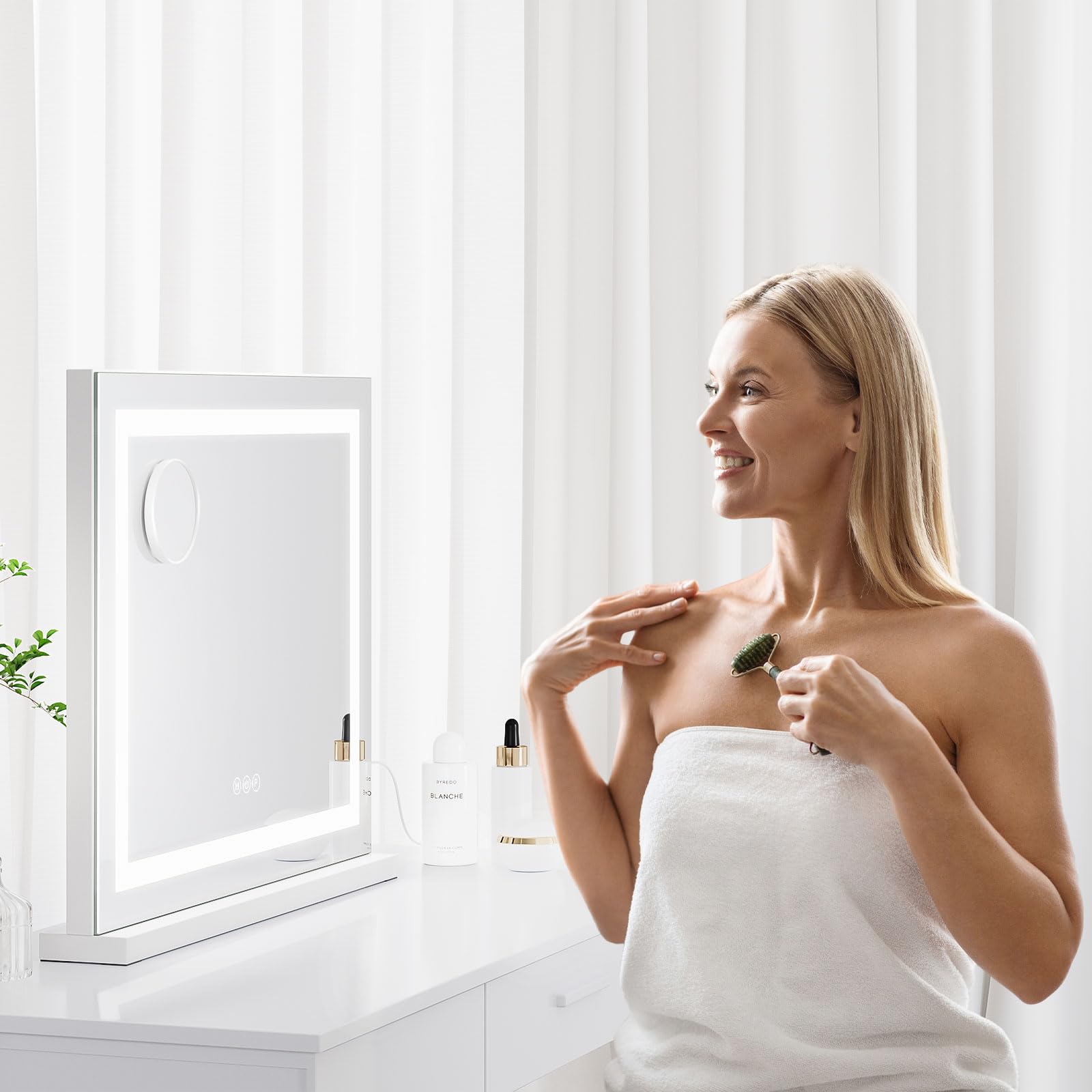 Dripex Hollywood Vanity Mirror with Light, 58 x 48 cm LED Makeup Mirror Light Up Vanity Mirror with 3 Colors Dimmable Strip Light, USB and Type-C Port, Tabletop or Wall-Mounted,