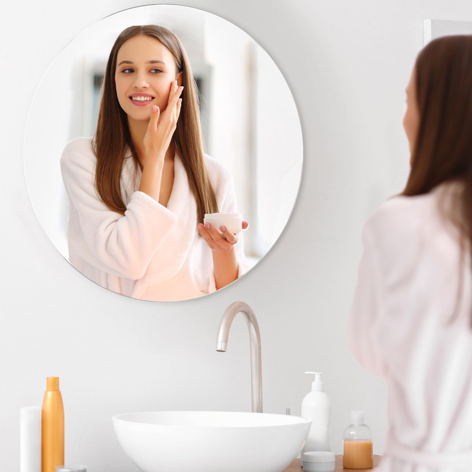 Dripex 50x50cm/ 60x60cm Frameless Round Mirror, Wall Mounted Bathroom Mirror with Polished Edge & Pre-installed Hole, Home Deco Hanging for Hallway Bedroom Living Room