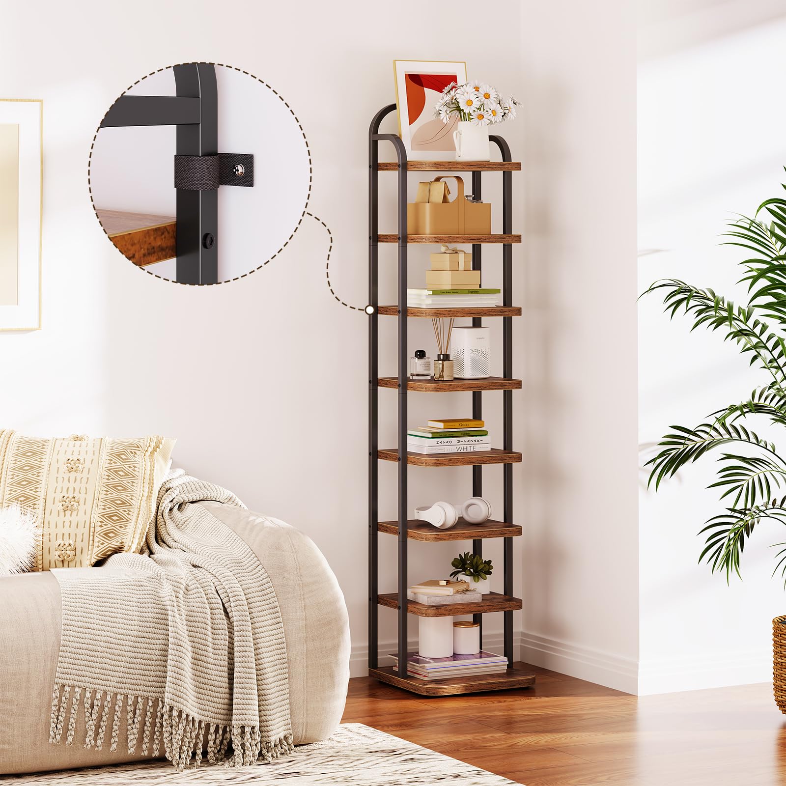 Dripex Adjustable Narrow Shoe Rack Organizer, Space Saving Vertical Tall Shoe Shelf for6/8/ 10 Tier, Sturdy Multifunctional Entryway Hallway Living Room Storage Shelf Rustic Brown