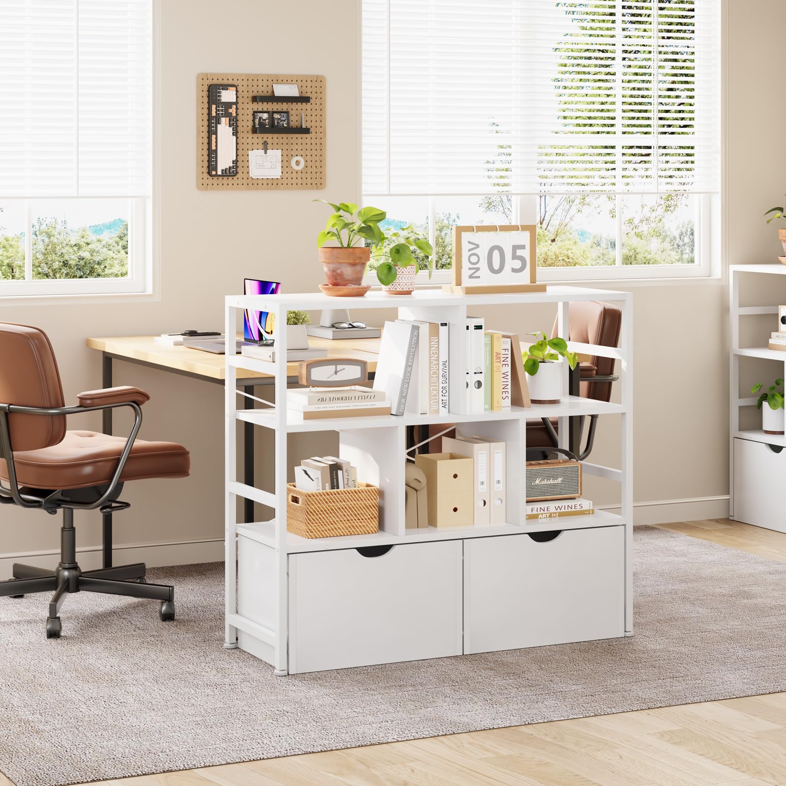 Dripex 4 Tier Bookcase with 2 Movable Drawers,Wooden Floor Standing Book Shelf with Steel Frame, Black Storage Display Shelf for Living Room, Bedroom or Office