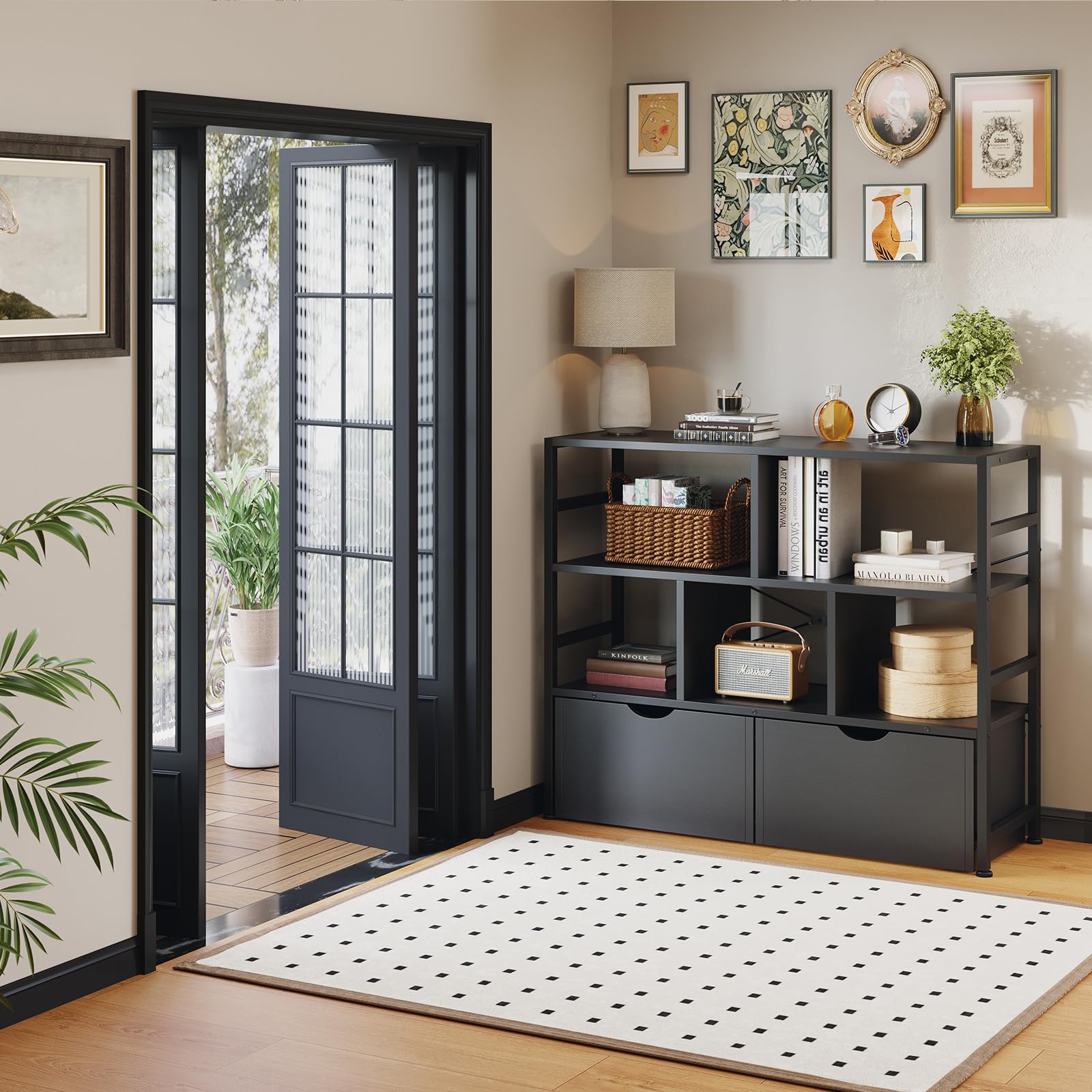 Dripex 4 Tier Bookcase with 2 Movable Drawers,Wooden Floor Standing Book Shelf with Steel Frame, Black Storage Display Shelf for Living Room, Bedroom or Office