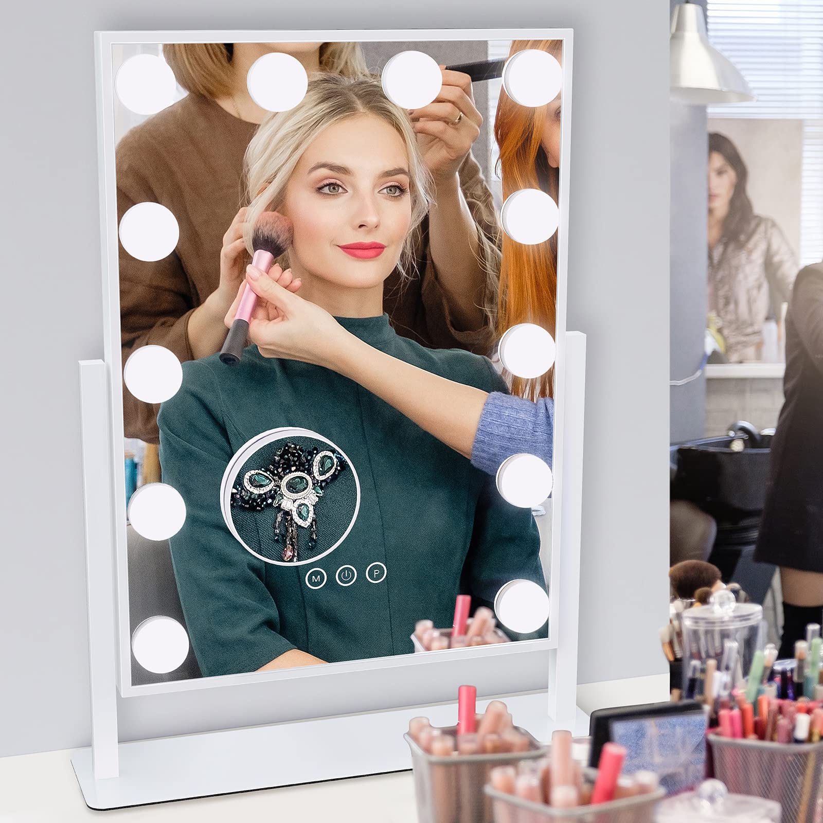 Dripex Hollywood LED Vanity Mirror, 36.5 x 47 cm Lighted Makeup Mirror with 12 Dimmable Bulbs, 360°Rotation, 3 Color Lighting Modes, Touch Screen Control, Light up Dressing Table Mirror for Bedroom