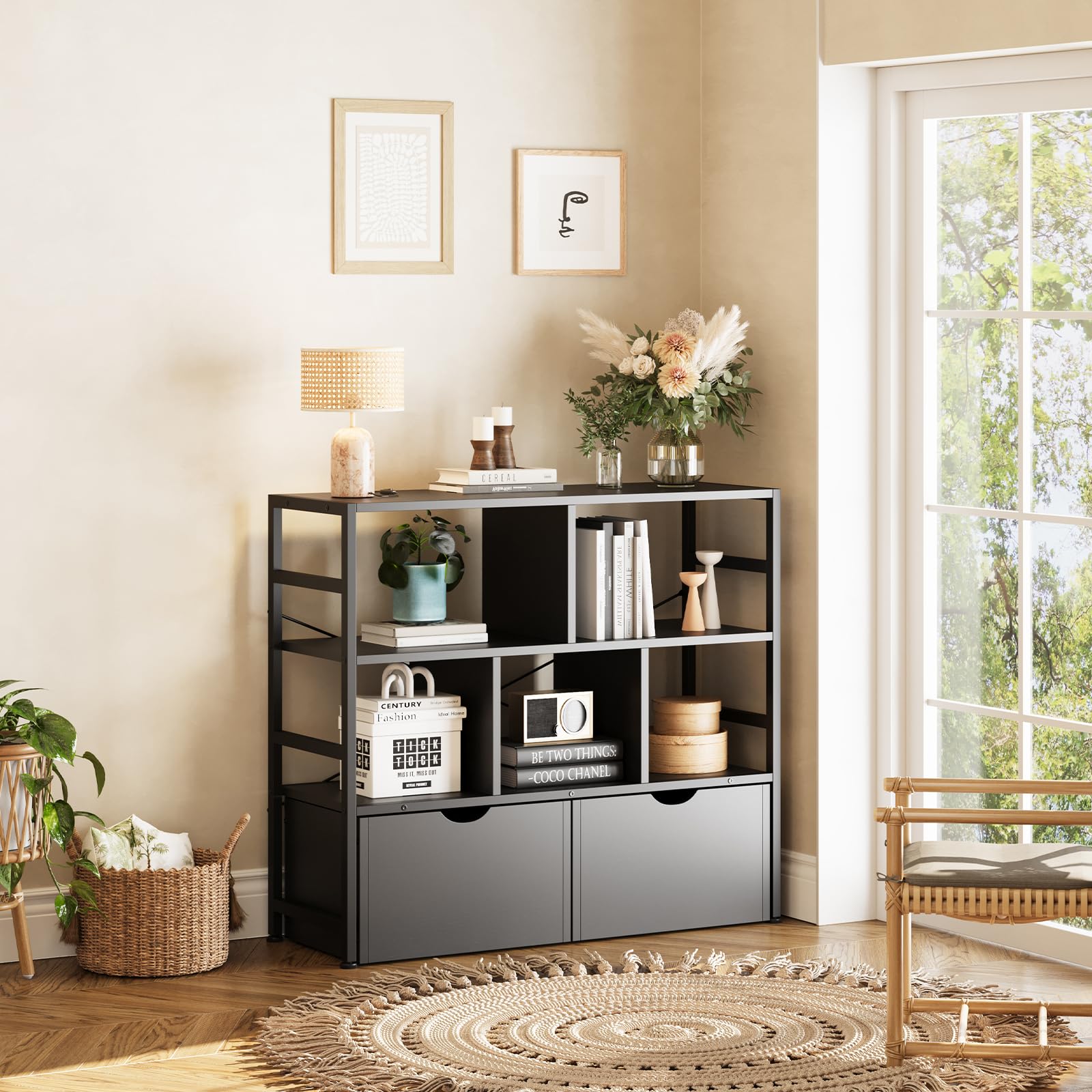 Dripex 4 Tier Bookcase with 2 Movable Drawers,Wooden Floor Standing Book Shelf with Steel Frame, Black Storage Display Shelf for Living Room, Bedroom or Office