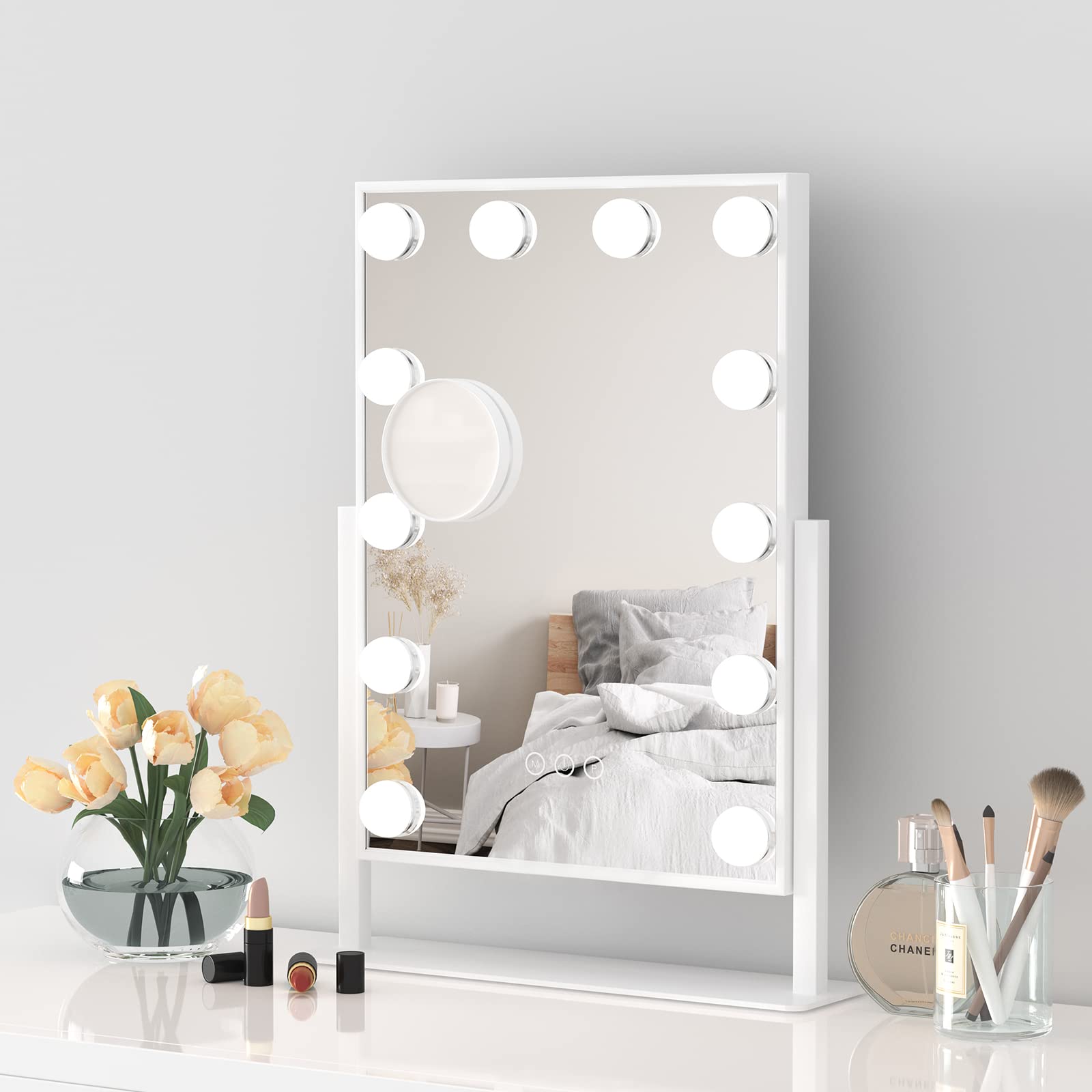 Dripex Hollywood LED Vanity Mirror, 36.5 x 47 cm Lighted Makeup Mirror with 12 Dimmable Bulbs, 360°Rotation, 3 Color Lighting Modes, Touch Screen Control, Light up Dressing Table Mirror for Bedroom