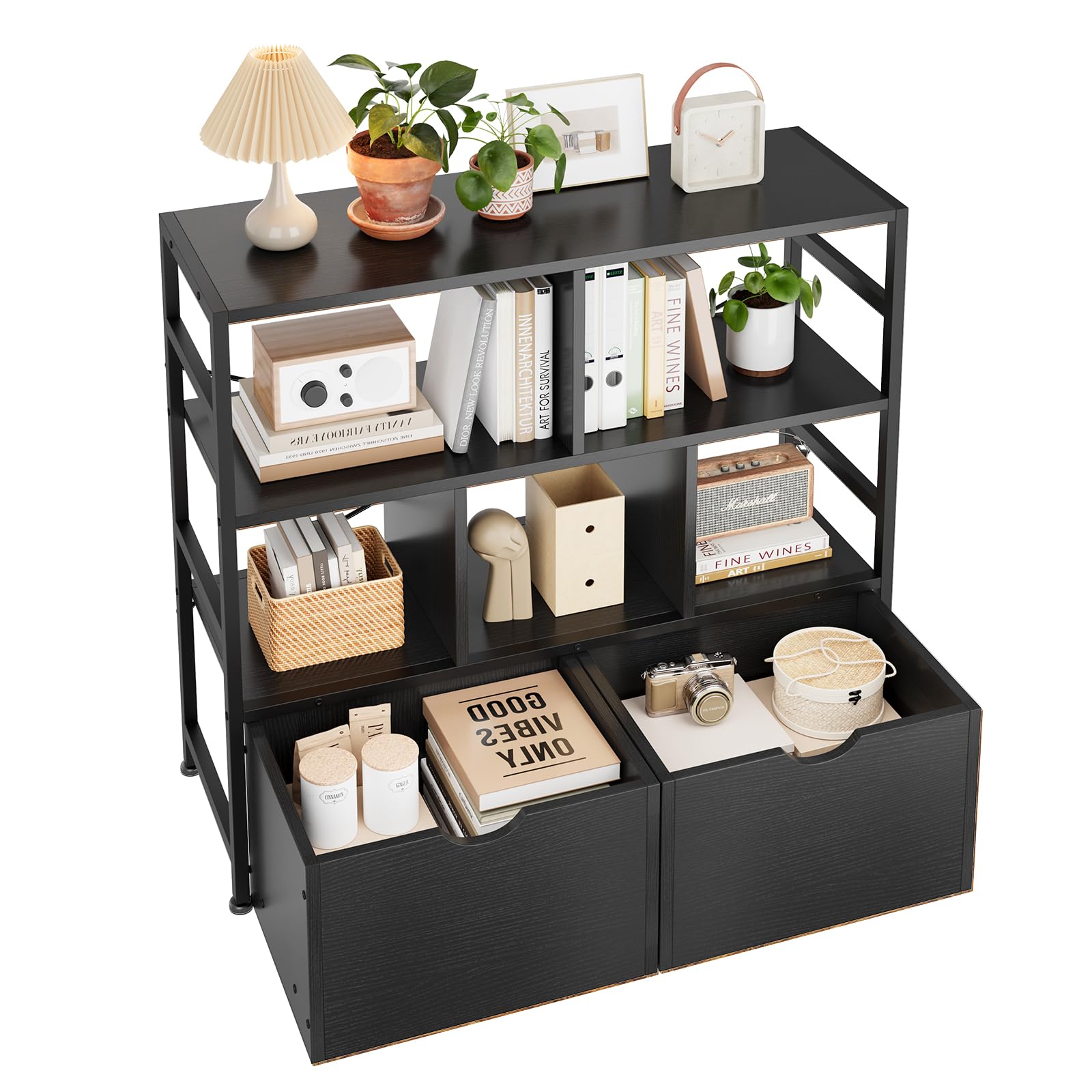 Dripex 4 Tier Bookcase with 2 Movable Drawers,Wooden Floor Standing Book Shelf with Steel Frame, Black Storage Display Shelf for Living Room, Bedroom or Office