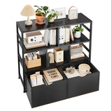 Dripex 4 Tier Bookcase with 2 Movable Drawers,Wooden Floor Standing Book Shelf with Steel Frame, Black Storage Display Shelf for Living Room, Bedroom or Office